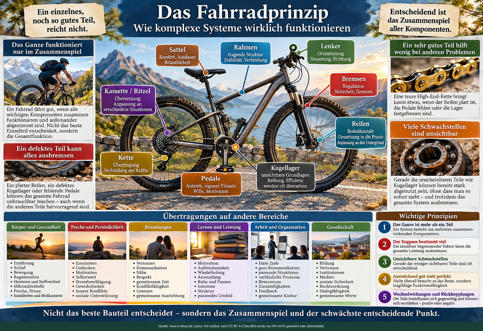 Bildtafel eines Fahrrads als Modell für Zusammenspiel, Engpässe, Rückkopplungen und ausreichend gute Komponenten in komplexen Systemen Bildtafel eines Fahrrads als Modell für Zusammenspiel, Engpässe, Rückkopplungen und ausreichend gute Komponenten in komplexen Systemen