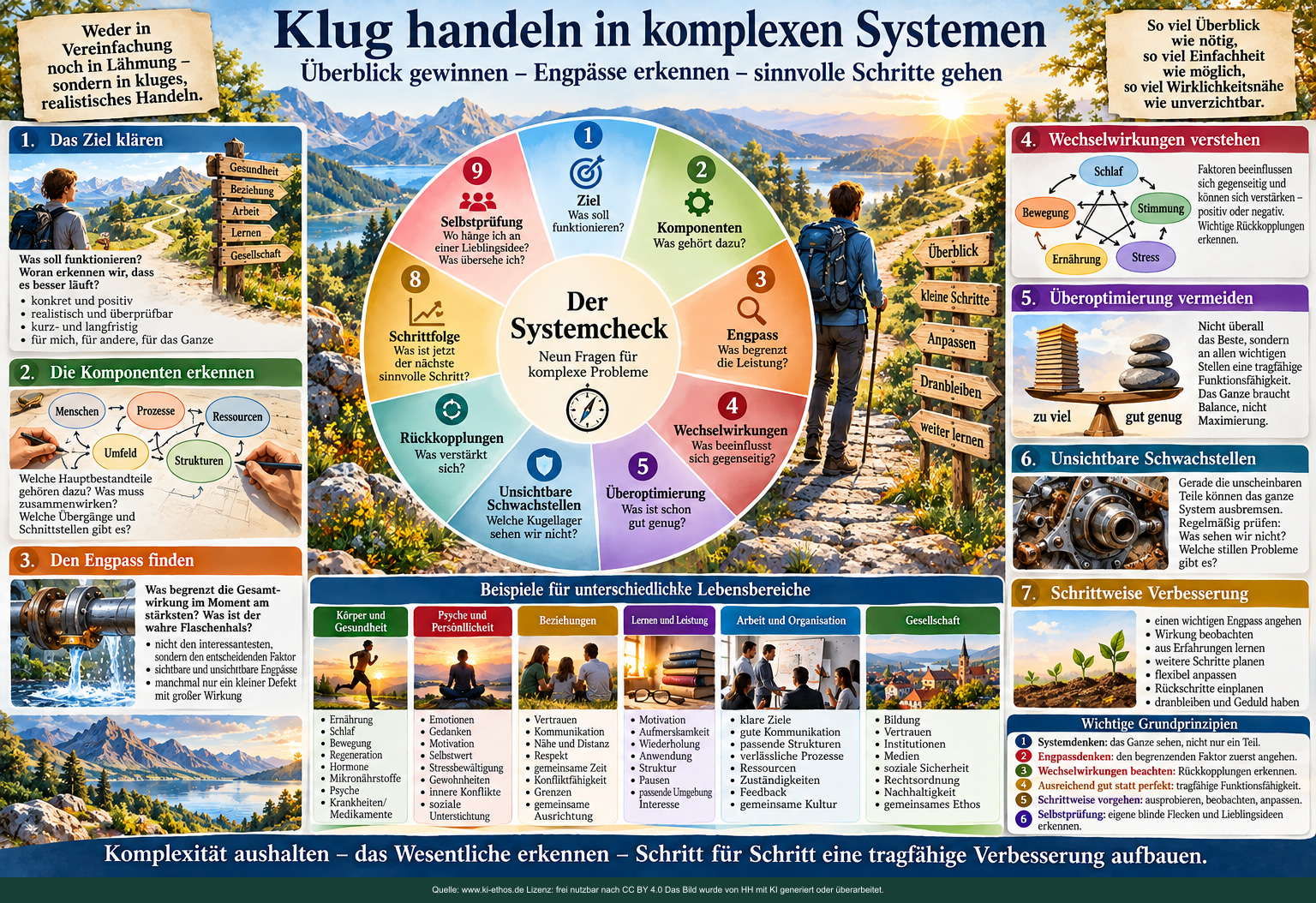 Bildtafel mit einem Systemcheck für Ziele, Komponenten, Engpässe, Wechselwirkungen, Überoptimierung, Schwachstellen und schrittweise Verbesserung Bildtafel mit einem Systemcheck für Ziele, Komponenten, Engpässe, Wechselwirkungen, Überoptimierung, Schwachstellen und schrittweise Verbesserung