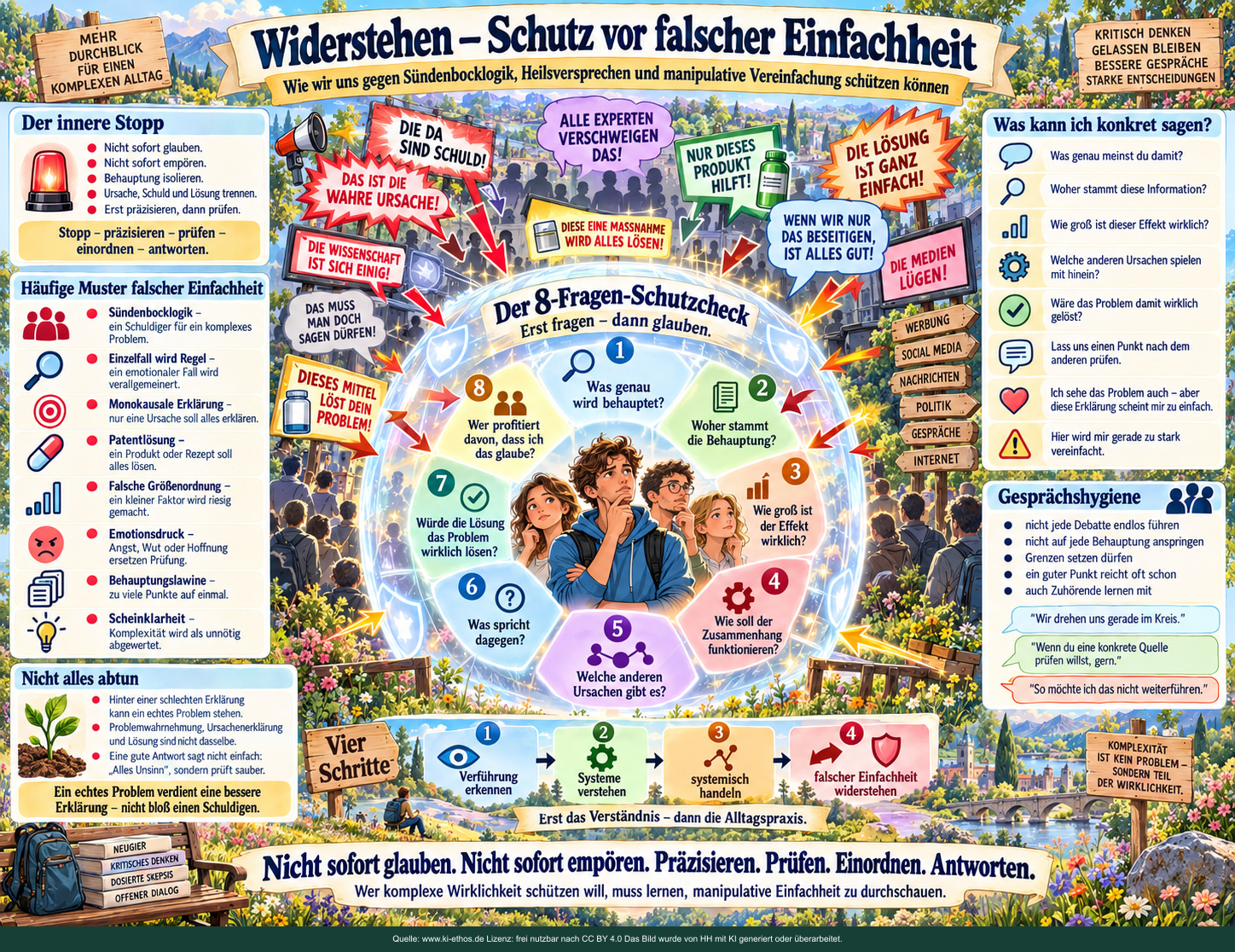 Bildtafel mit Mustern manipulativer Vereinfachung, einem Acht-Fragen-Schutzcheck und ruhigen Gesprächsantworten Bildtafel mit Mustern manipulativer Vereinfachung, einem Acht-Fragen-Schutzcheck und ruhigen Gesprächsantworten