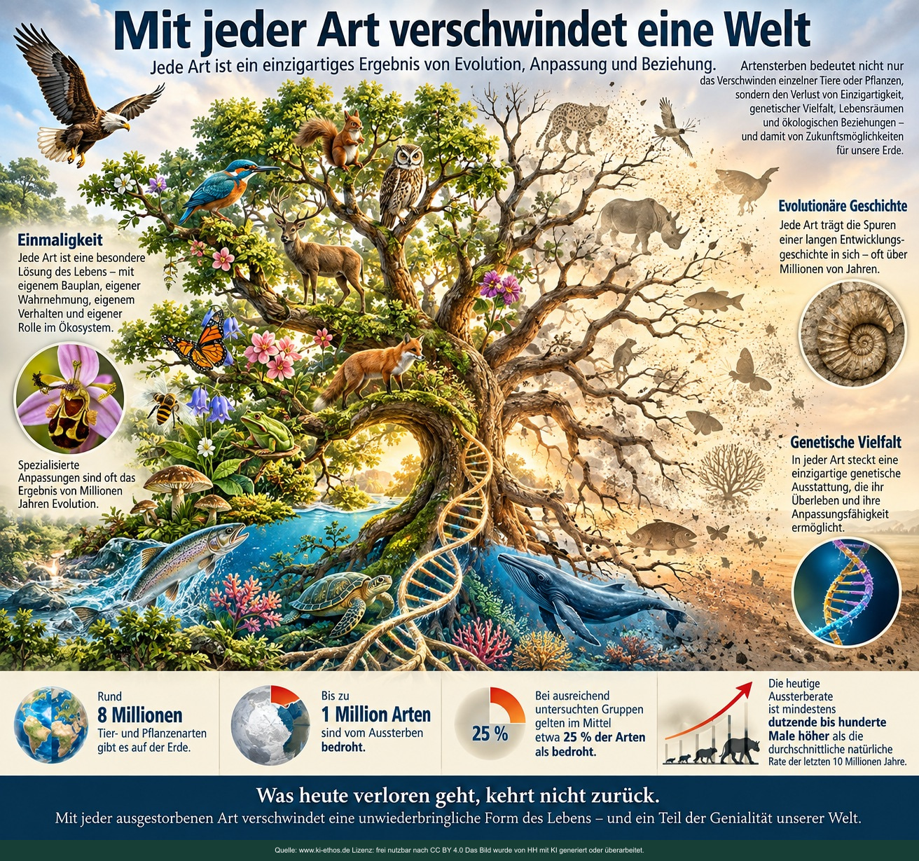 Bildtafel über die unwiederbringliche Einzigartigkeit jeder Art, ihre Evolutionsgeschichte und genetische Vielfalt Bildtafel über die unwiederbringliche Einzigartigkeit jeder Art, ihre Evolutionsgeschichte und genetische Vielfalt