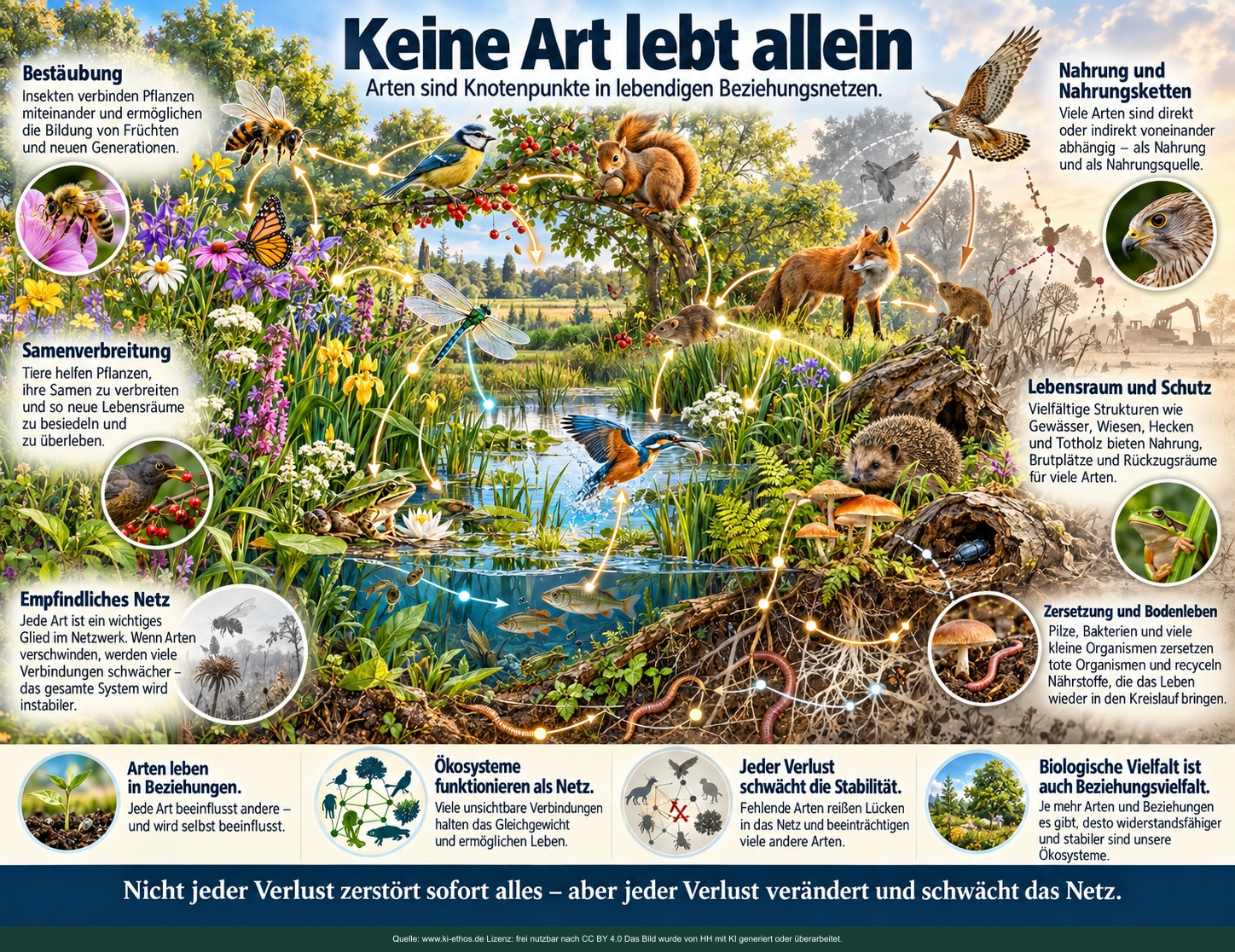 Bildtafel eines ökologischen Beziehungsnetzes mit Bestäubung, Samenverbreitung, Nahrungsketten, Lebensraum, Bodenleben und Zersetzung Bildtafel eines ökologischen Beziehungsnetzes mit Bestäubung, Samenverbreitung, Nahrungsketten, Lebensraum, Bodenleben und Zersetzung