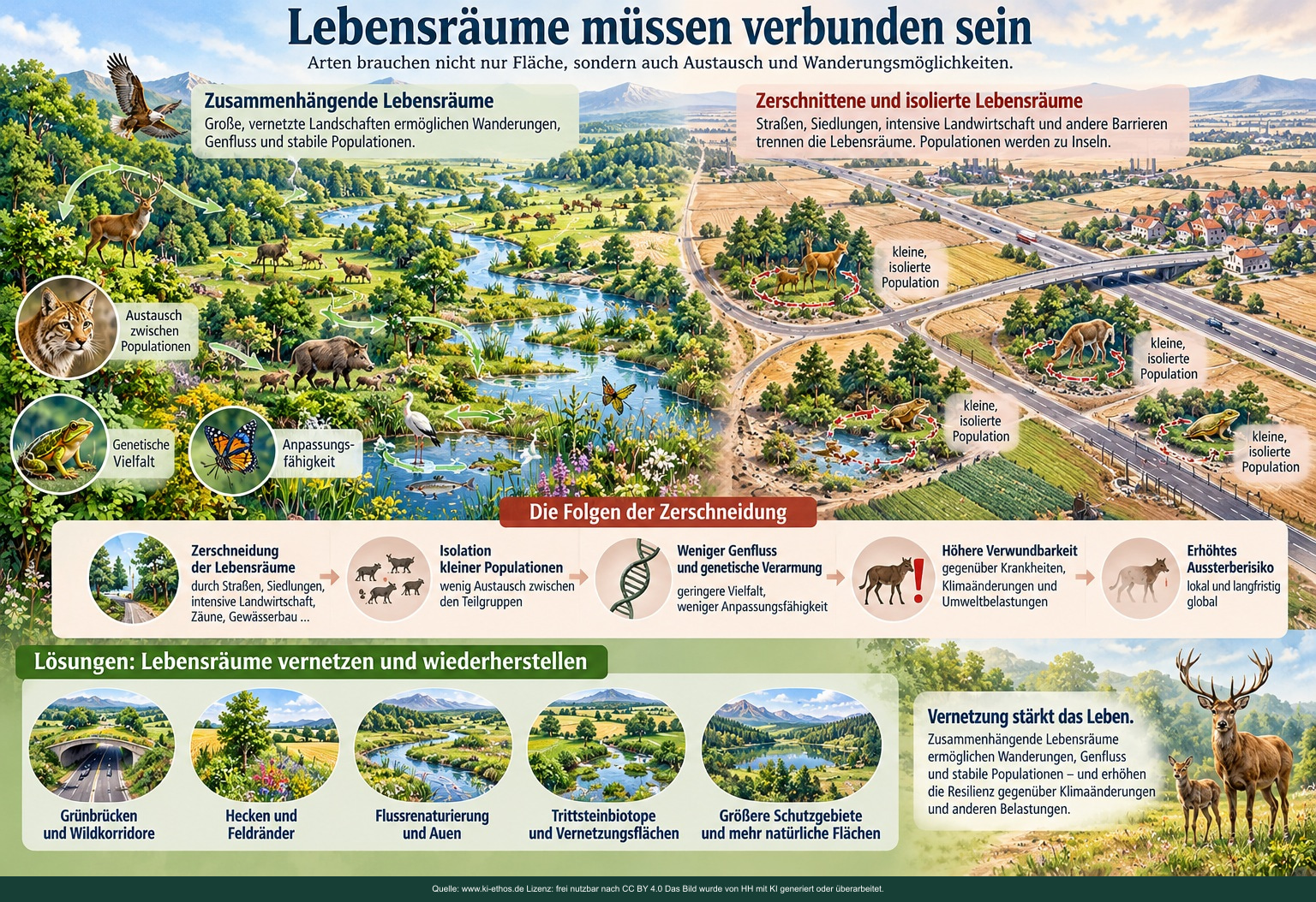 Gegenüberstellung verbundener und durch Straßen, Siedlungen und intensive Nutzung zerschnittener Lebensräume mit Folgen für Populationen und Genfluss Gegenüberstellung verbundener und durch Straßen, Siedlungen und intensive Nutzung zerschnittener Lebensräume mit Folgen für Populationen und Genfluss