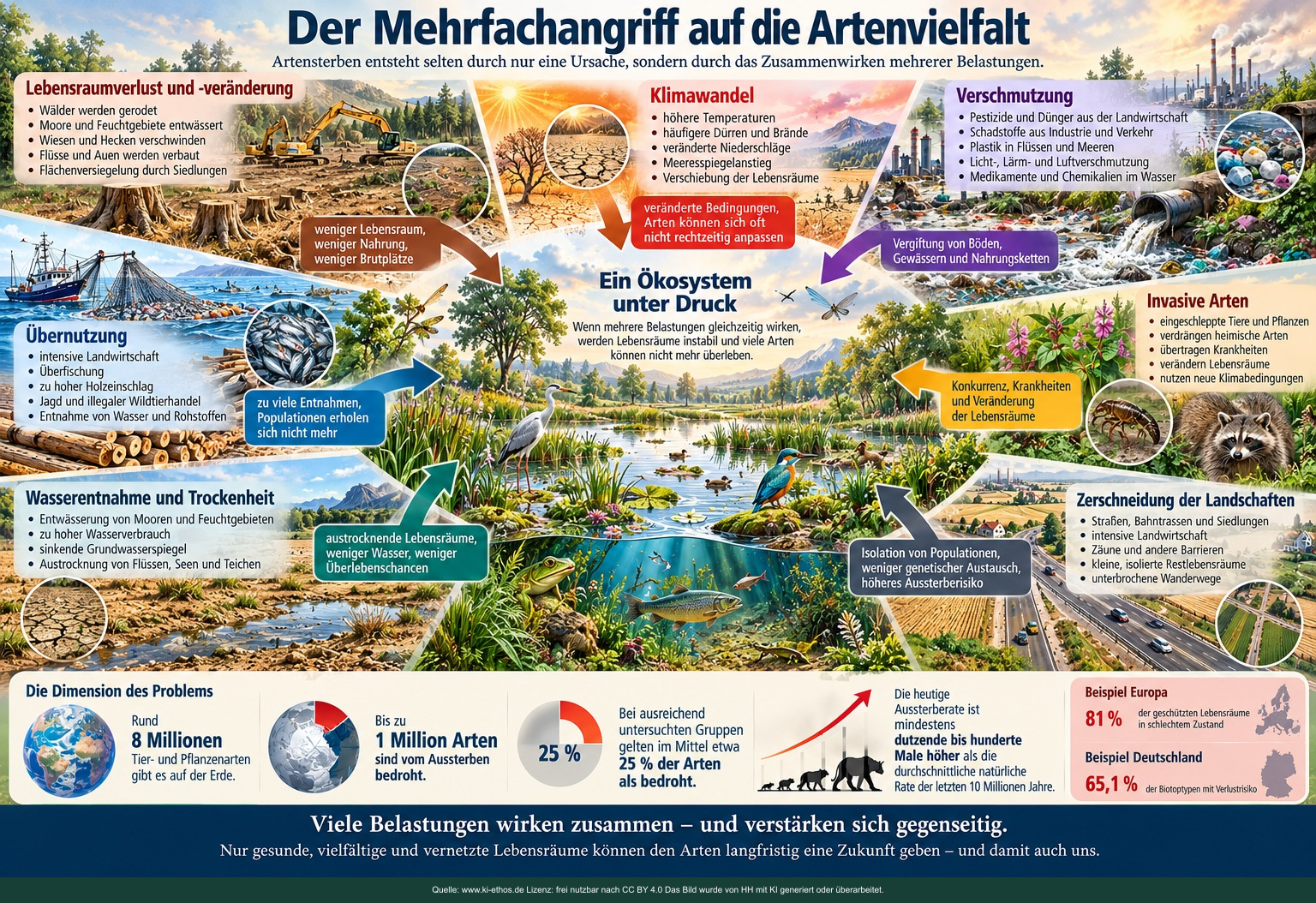 Bildtafel über zusammenwirkende Belastungen der Artenvielfalt durch Lebensraumverlust, Klimawandel, Verschmutzung, Übernutzung, invasive Arten, Wasserentnahme und Zerschneidung Bildtafel über zusammenwirkende Belastungen der Artenvielfalt durch Lebensraumverlust, Klimawandel, Verschmutzung, Übernutzung, invasive Arten, Wasserentnahme und Zerschneidung