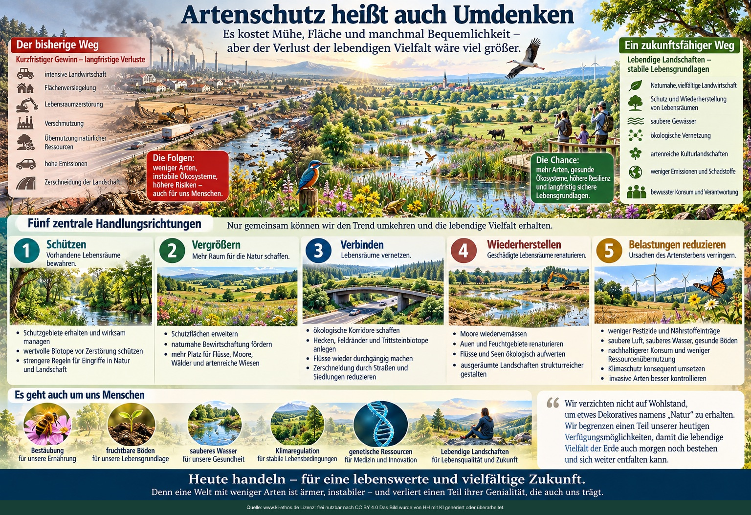 Bildtafel zu fünf Handlungsrichtungen für Artenschutz: Lebensräume schützen, vergrößern, verbinden, wiederherstellen und Belastungen reduzieren Bildtafel zu fünf Handlungsrichtungen für Artenschutz: Lebensräume schützen, vergrößern, verbinden, wiederherstellen und Belastungen reduzieren