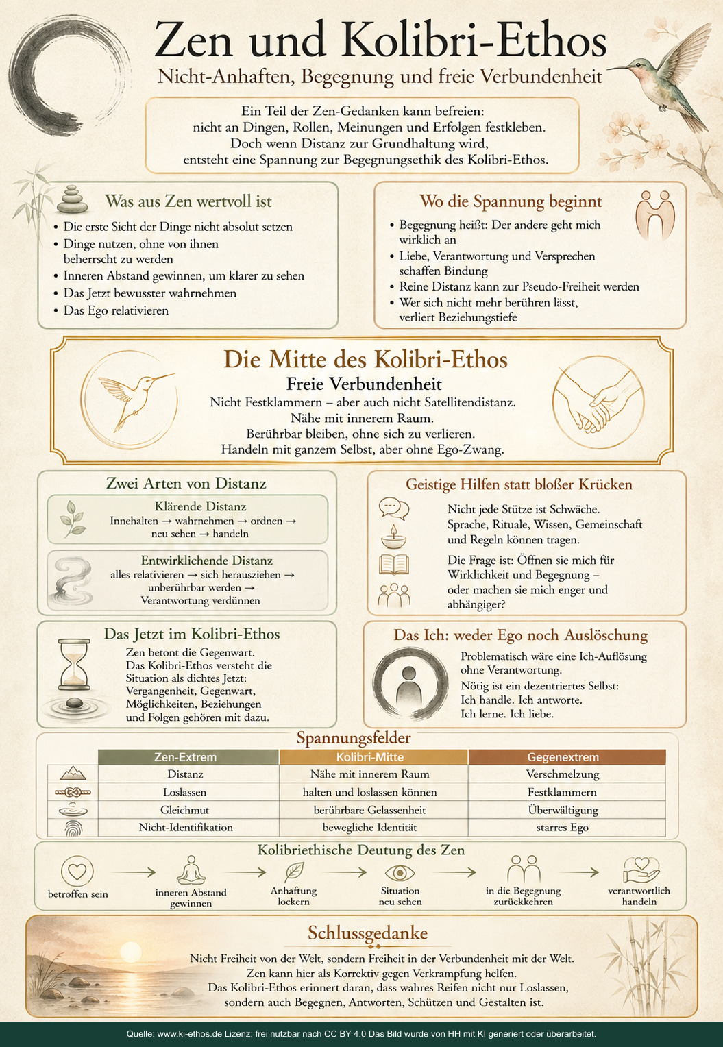 Bildtafel zum Dialog zwischen Zen und Kolibri-Ethos mit Nicht-Anhaften, zwei Arten von Distanz, geistigen Hilfen, dezentriertem Selbst und freier Verbundenheit Bildtafel zum Dialog zwischen Zen und Kolibri-Ethos mit Nicht-Anhaften, zwei Arten von Distanz, geistigen Hilfen, dezentriertem Selbst und freier Verbundenheit
