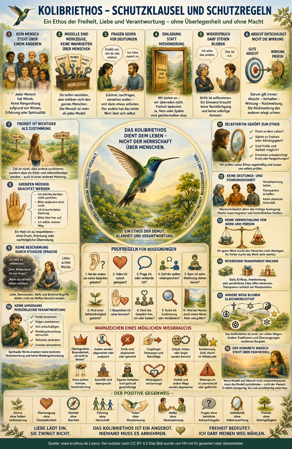 Infografik mit sechzehn Schutzregeln, Prüffragen, Warnzeichen und positiven Gegenwegen gegen spirituelle und ethische Überlegenheit Infografik mit sechzehn Schutzregeln, Prüffragen, Warnzeichen und positiven Gegenwegen gegen spirituelle und ethische Überlegenheit