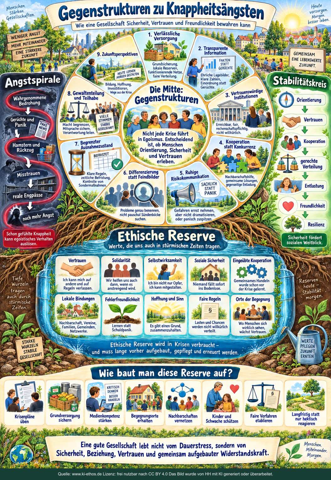 Infografik mit einer Angstspirale, neun gesellschaftlichen Gegenstrukturen, einem Stabilitätskreis und der ethischen Reserve als Fundament Infografik mit einer Angstspirale, neun gesellschaftlichen Gegenstrukturen, einem Stabilitätskreis und der ethischen Reserve als Fundament