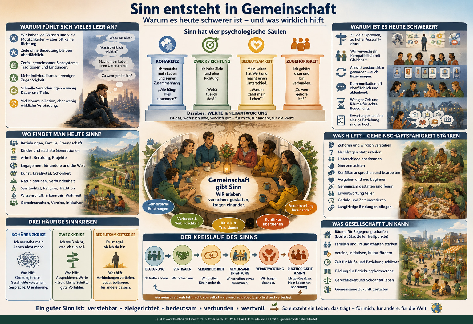 Bildtafel zu vier Sinnsäulen, Gemeinschaftsfähigkeit, Begegnung, Vertrauen, Verbindlichkeit, gemeinsamen Erfahrungen und Verantwortung Bildtafel zu vier Sinnsäulen, Gemeinschaftsfähigkeit, Begegnung, Vertrauen, Verbindlichkeit, gemeinsamen Erfahrungen und Verantwortung