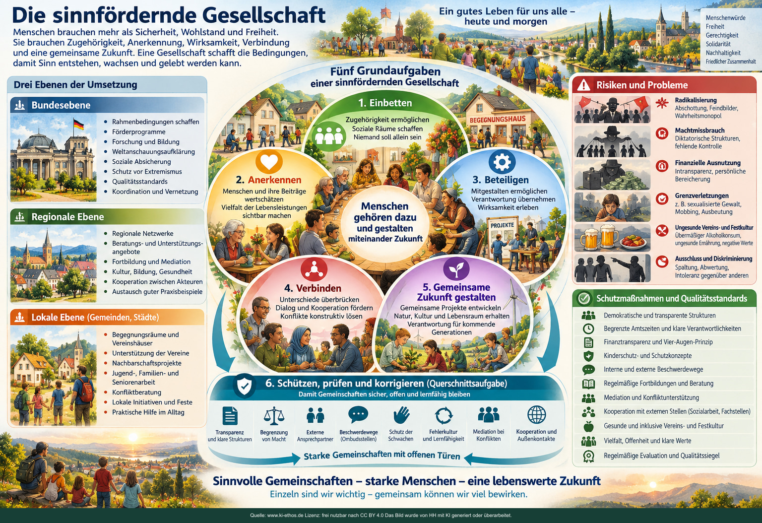 Gesamtübersicht der sinnfördernden Gesellschaft mit fünf Grundaufgaben, drei Umsetzungsebenen, Risiken, Schutzmaßnahmen und der Querschnittsaufgabe Schützen, Prüfen und Korrigieren Gesamtübersicht der sinnfördernden Gesellschaft mit fünf Grundaufgaben, drei Umsetzungsebenen, Risiken, Schutzmaßnahmen und der Querschnittsaufgabe Schützen, Prüfen und Korrigieren