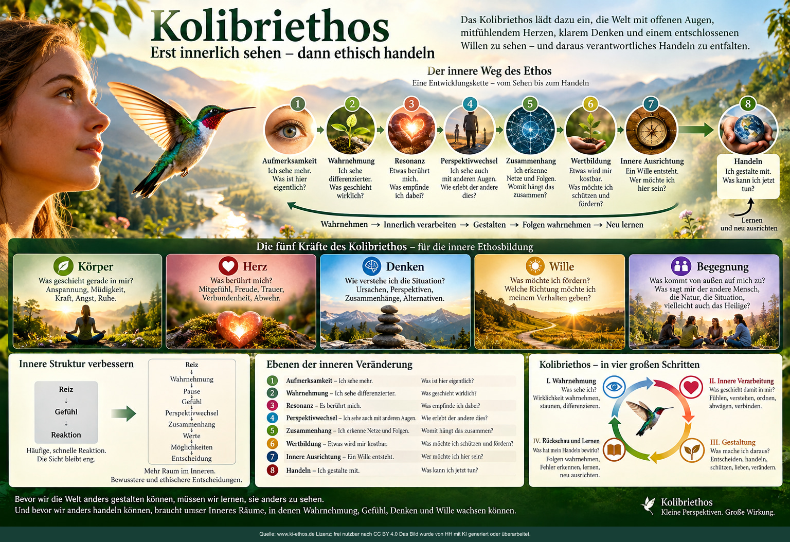 Infografik Kolibriethos mit acht Schritten vom inneren Sehen zum ethischen Handeln, den fünf Kräften Körper, Herz, Denken, Wille und Begegnung sowie einem Lernkreislauf Infografik Kolibriethos mit acht Schritten vom inneren Sehen zum ethischen Handeln, den fünf Kräften Körper, Herz, Denken, Wille und Begegnung sowie einem Lernkreislauf