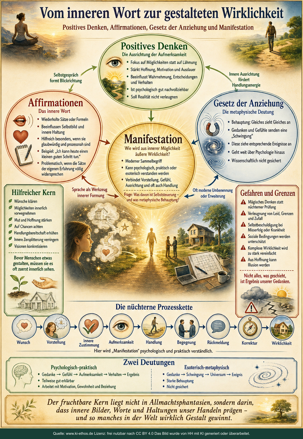 Bildtafel zum Vergleich von positivem Denken, Affirmationen, Gesetz der Anziehung und Manifestation mit einer nüchternen Prozesskette und Gefahrenhinweisen Bildtafel zum Vergleich von positivem Denken, Affirmationen, Gesetz der Anziehung und Manifestation mit einer nüchternen Prozesskette und Gefahrenhinweisen