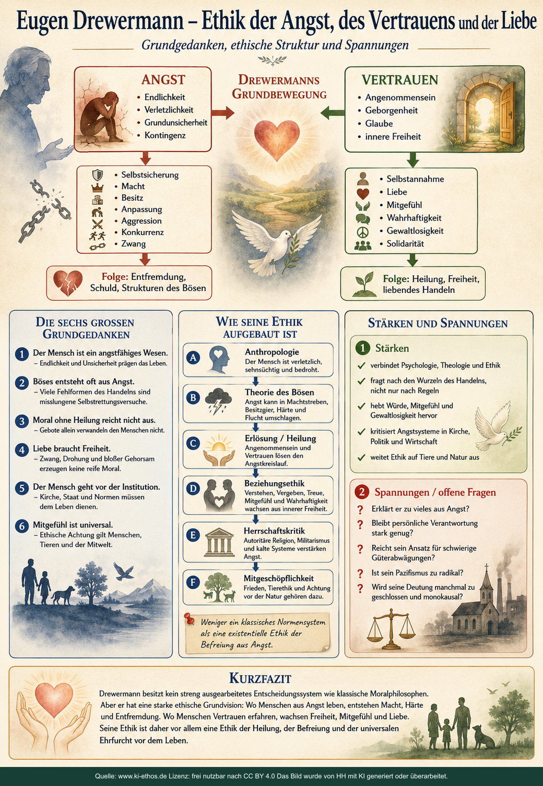 Infografik zu einer Rekonstruktion von Eugen Drewermanns Ethik mit den Polen Angst und Vertrauen, sechs Grundgedanken, Aufbau, Stärken und offenen Fragen Infografik zu einer Rekonstruktion von Eugen Drewermanns Ethik mit den Polen Angst und Vertrauen, sechs Grundgedanken, Aufbau, Stärken und offenen Fragen