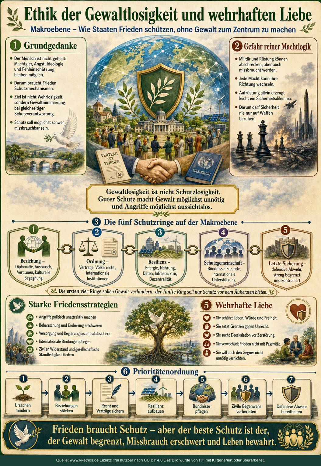 Infografik zur Ethik der Gewaltlosigkeit und wehrhaften Liebe auf staatlicher Ebene mit fünf Schutzringen und einer Prioritätenordnung Infografik zur Ethik der Gewaltlosigkeit und wehrhaften Liebe auf staatlicher Ebene mit fünf Schutzringen und einer Prioritätenordnung