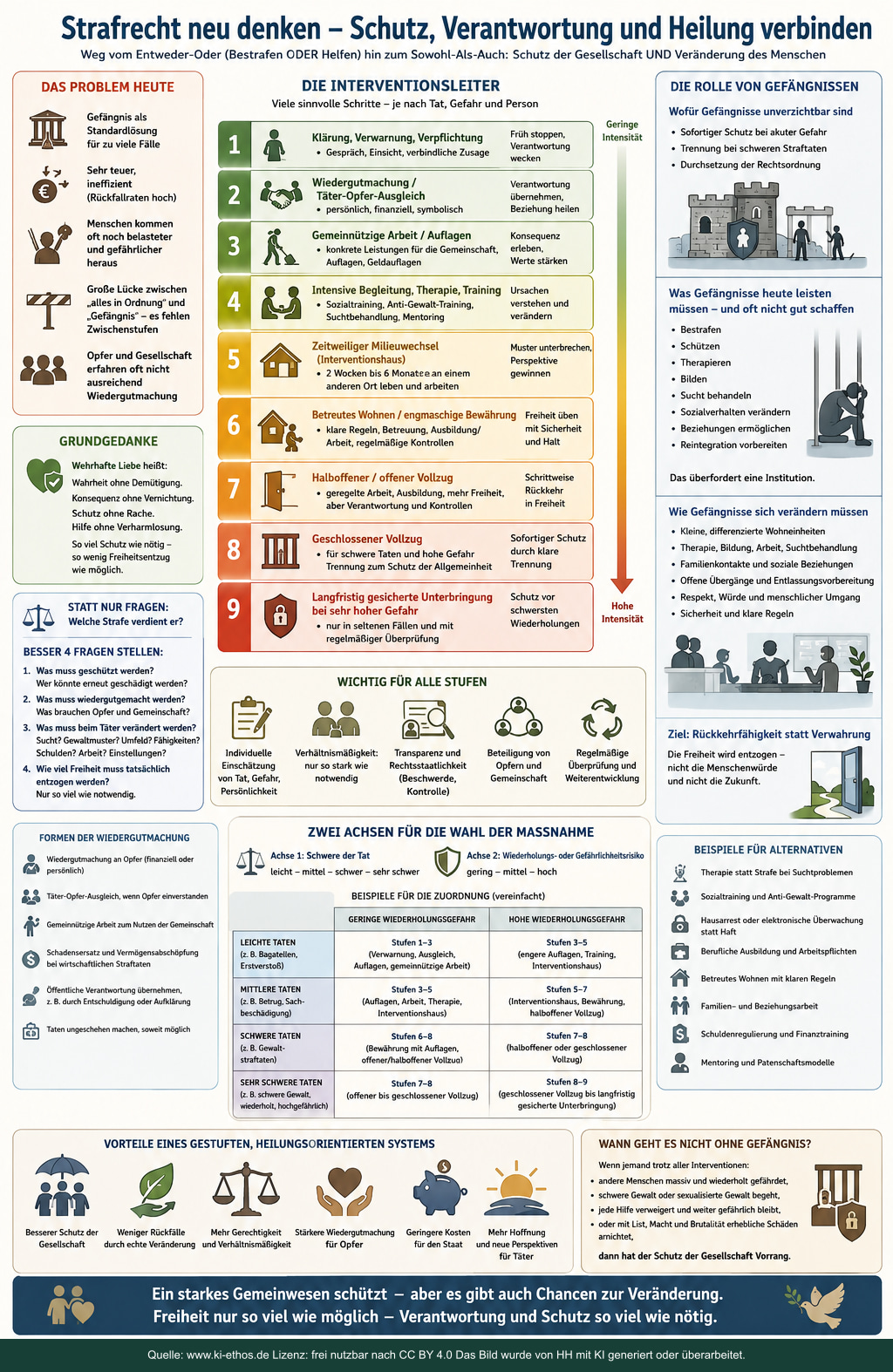 Konzeptgrafik einer strafrechtlichen Interventionsleiter von Klärung und Wiedergutmachung über Auflagen und Behandlung bis zu offenem oder geschlossenem Vollzug Konzeptgrafik einer strafrechtlichen Interventionsleiter von Klärung und Wiedergutmachung über Auflagen und Behandlung bis zu offenem oder geschlossenem Vollzug