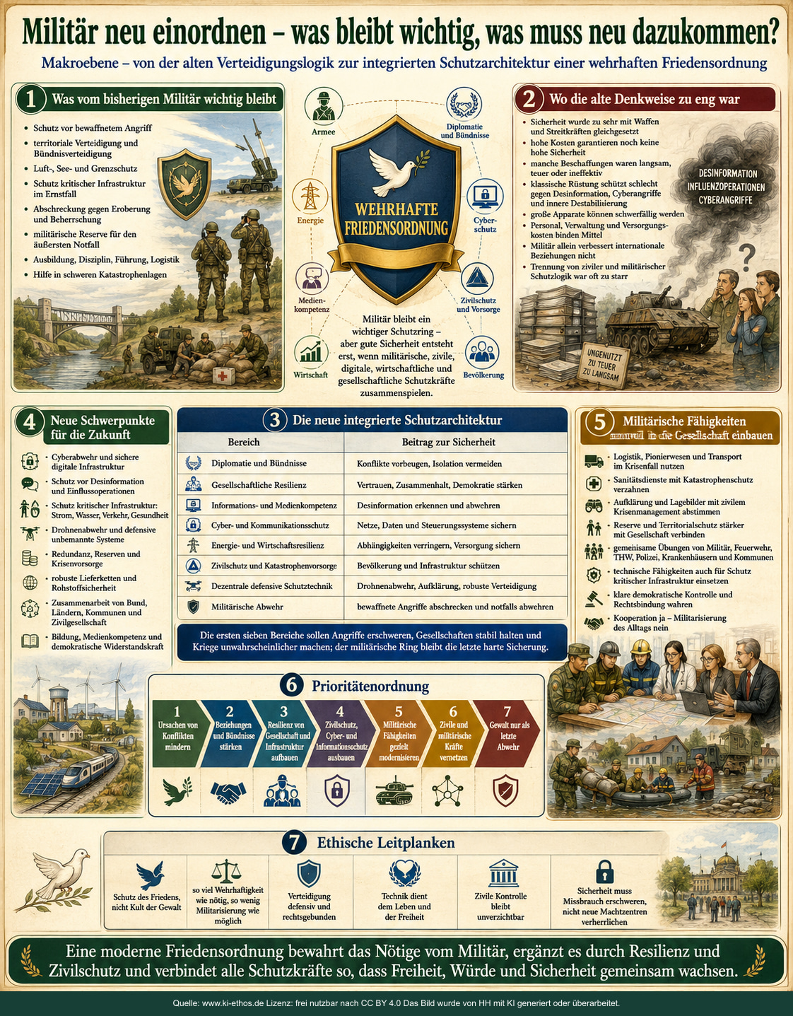Infografik zur Einordnung militärischer Fähigkeiten in eine breitere Architektur aus Diplomatie, Zivilschutz, Cyberabwehr, Infrastruktur, Wirtschaft und gesellschaftlicher Resilienz Infografik zur Einordnung militärischer Fähigkeiten in eine breitere Architektur aus Diplomatie, Zivilschutz, Cyberabwehr, Infrastruktur, Wirtschaft und gesellschaftlicher Resilienz