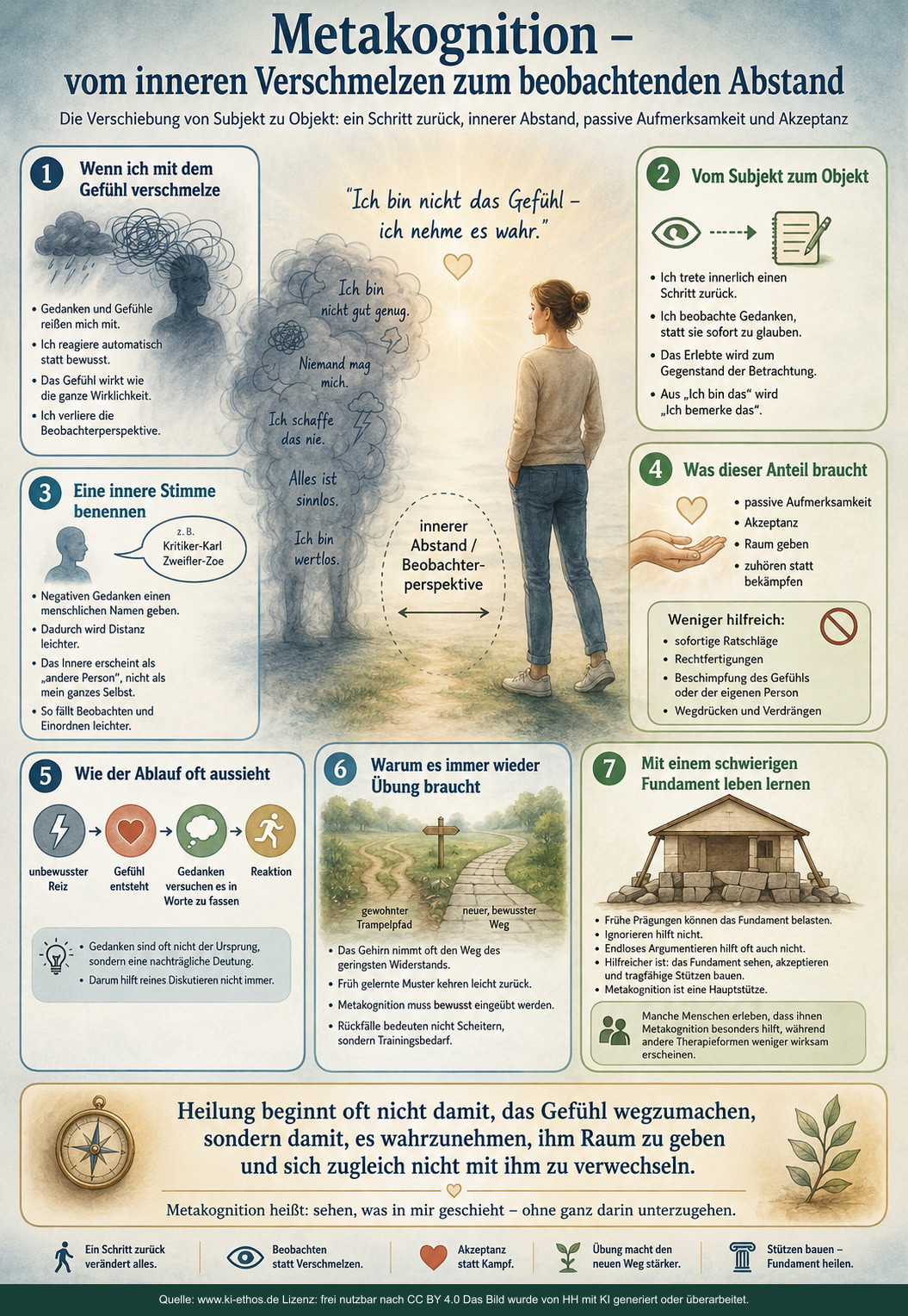 Infografik zur Metakognition mit emotionaler Verschmelzung, beobachtendem Abstand, Benennung innerer Stimmen, Akzeptanz, Übung und dem Bild eines veränderbaren Fundaments Infografik zur Metakognition mit emotionaler Verschmelzung, beobachtendem Abstand, Benennung innerer Stimmen, Akzeptanz, Übung und dem Bild eines veränderbaren Fundaments