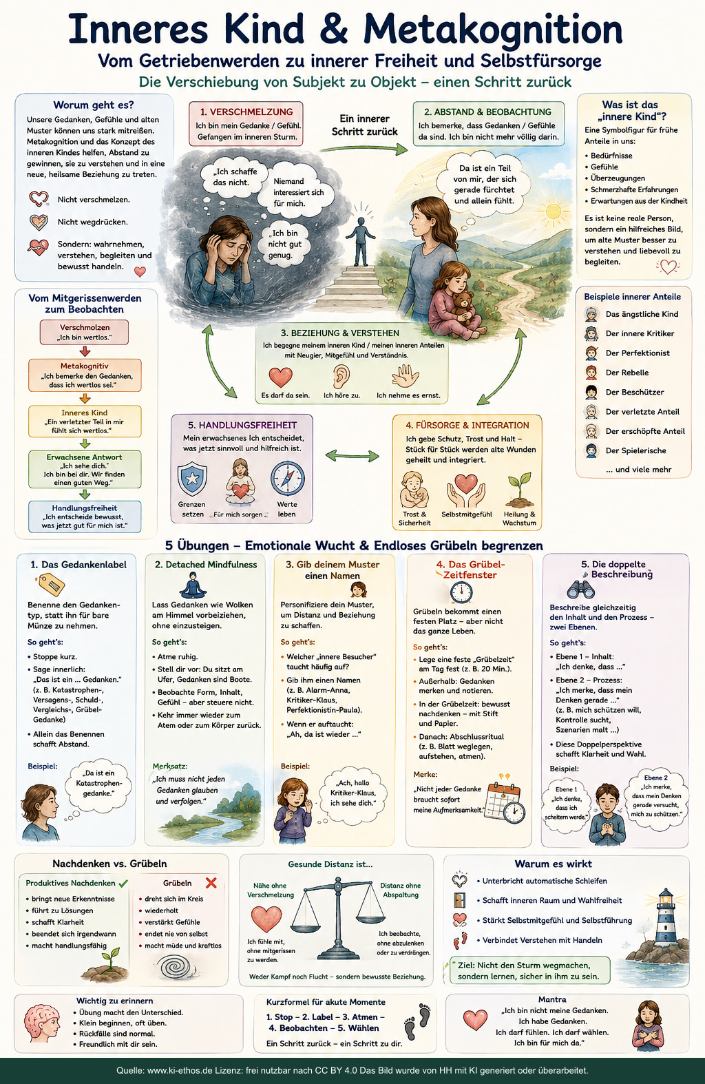 Infografik zur Verbindung von Metakognition, innerem Kind, inneren Anteilen, Selbstmitgefühl, Grübelbegrenzung und bewusster Handlung Infografik zur Verbindung von Metakognition, innerem Kind, inneren Anteilen, Selbstmitgefühl, Grübelbegrenzung und bewusster Handlung