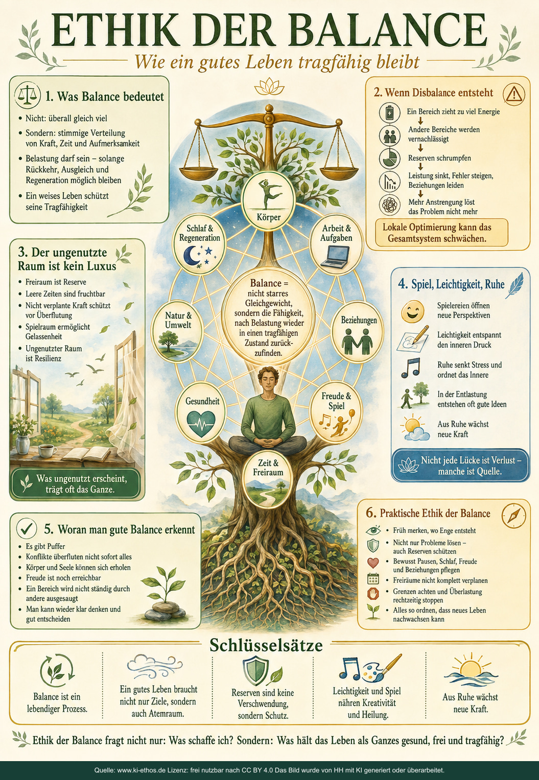 Infografik zur Ethik der Balance mit Mensch, Baum, Waage und vernetzten Lebensbereichen wie Körper, Schlaf, Arbeit, Beziehungen, Sinn, Spiel, Freiraum, Gesundheit und Umwelt Infografik zur Ethik der Balance mit Mensch, Baum, Waage und vernetzten Lebensbereichen wie Körper, Schlaf, Arbeit, Beziehungen, Sinn, Spiel, Freiraum, Gesundheit und Umwelt