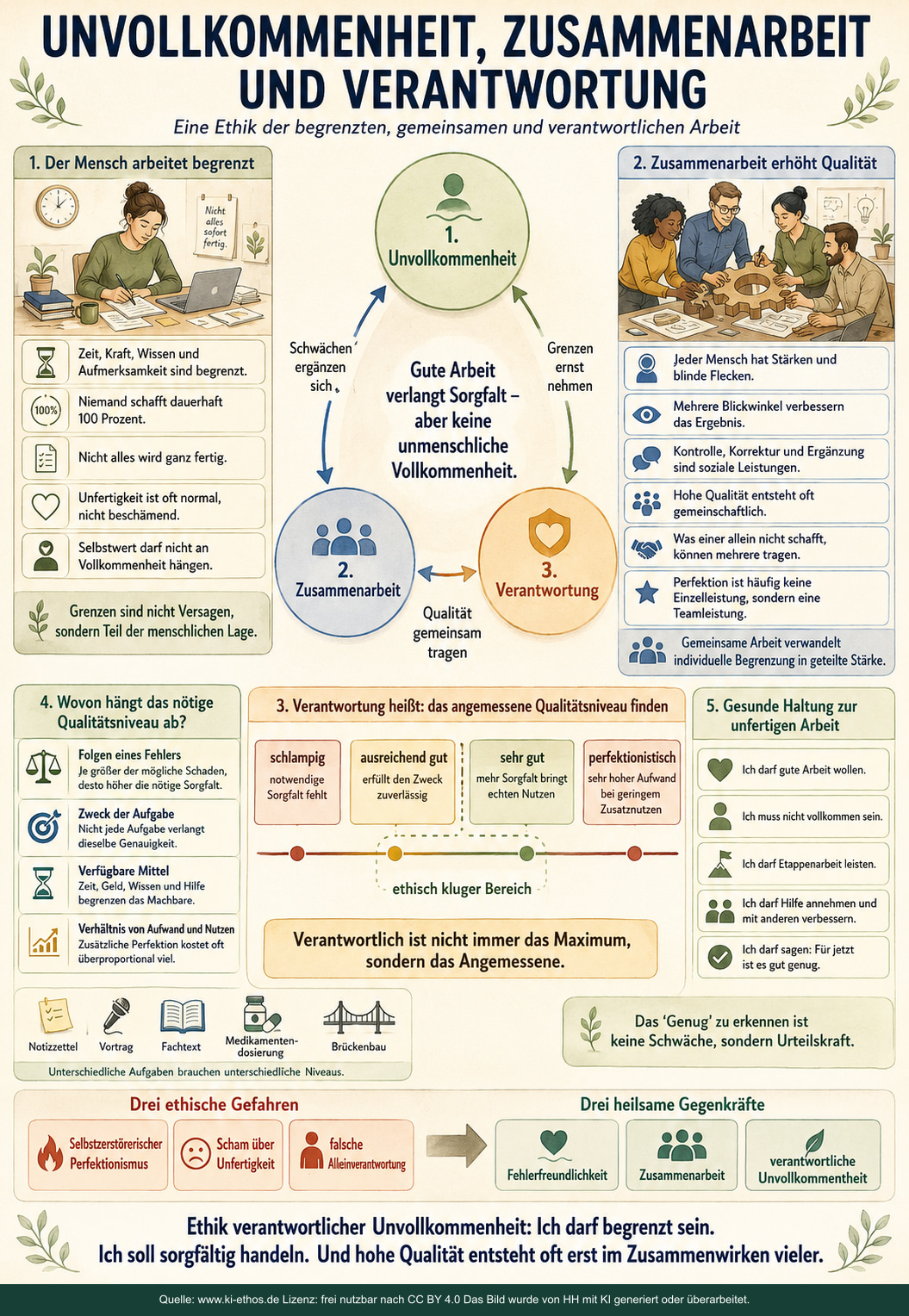 Infografik über Unvollkommenheit, Zusammenarbeit und Verantwortung mit Qualitätsstufen, verschiedenen Arbeitsweisen, drei Gefahren und drei Gegenkräften Infografik über Unvollkommenheit, Zusammenarbeit und Verantwortung mit Qualitätsstufen, verschiedenen Arbeitsweisen, drei Gefahren und drei Gegenkräften