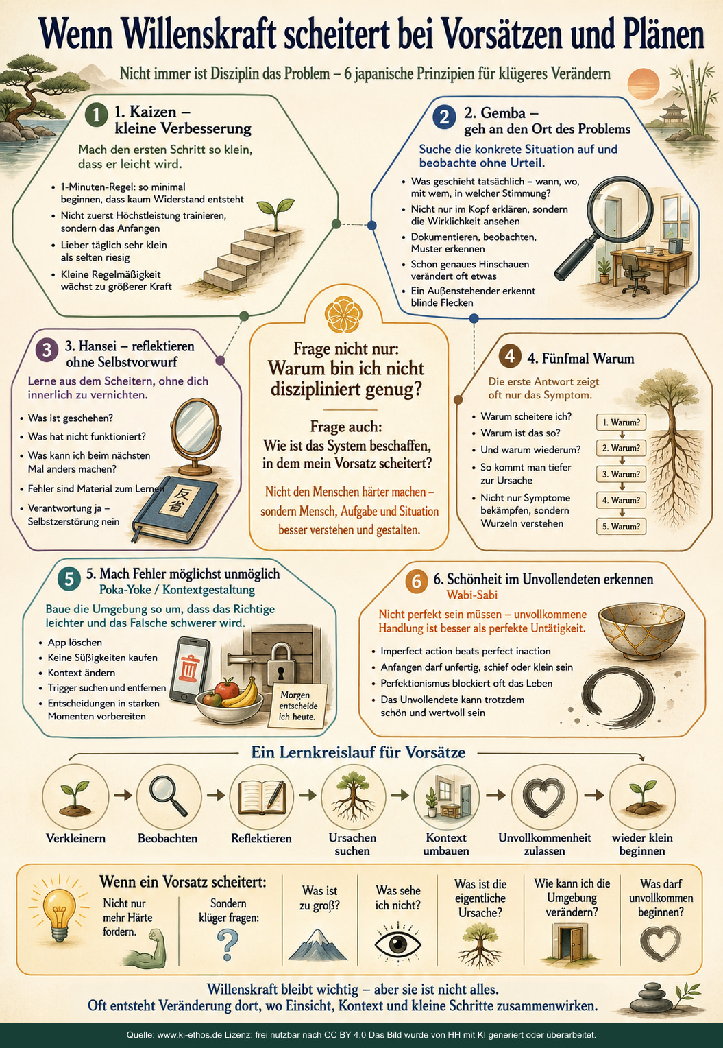 Infografik zu Kaizen, Gemba, Hansei, fünf Warum, Poka-Yoke und Wabi-Sabi als sechs Perspektiven auf Vorsätze, Gewohnheiten und Veränderung Infografik zu Kaizen, Gemba, Hansei, fünf Warum, Poka-Yoke und Wabi-Sabi als sechs Perspektiven auf Vorsätze, Gewohnheiten und Veränderung