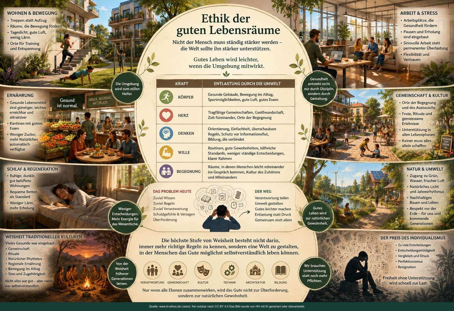 Breite Infografik zu guten Lebensräumen mit Wohnen, Bewegung, Ernährung, Schlaf, Arbeit, Gemeinschaft, Natur sowie einer Tabelle zu Körper, Herz, Denken, Wille und Begegnung Breite Infografik zu guten Lebensräumen mit Wohnen, Bewegung, Ernährung, Schlaf, Arbeit, Gemeinschaft, Natur sowie einer Tabelle zu Körper, Herz, Denken, Wille und Begegnung