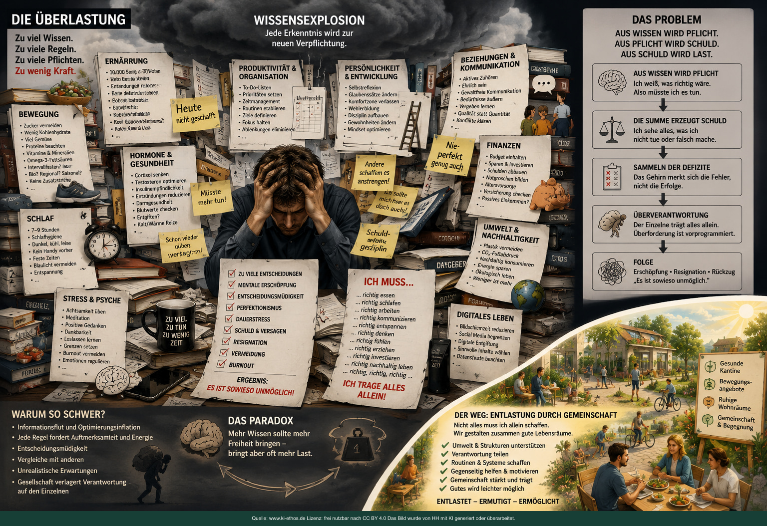 Infografik über die Überlastung durch zahlreiche Gesundheits-, Produktivitäts-, Beziehungs-, Finanz-, Nachhaltigkeits- und Digitalregeln sowie eine Gegenperspektive geteilter Verantwortung Infografik über die Überlastung durch zahlreiche Gesundheits-, Produktivitäts-, Beziehungs-, Finanz-, Nachhaltigkeits- und Digitalregeln sowie eine Gegenperspektive geteilter Verantwortung