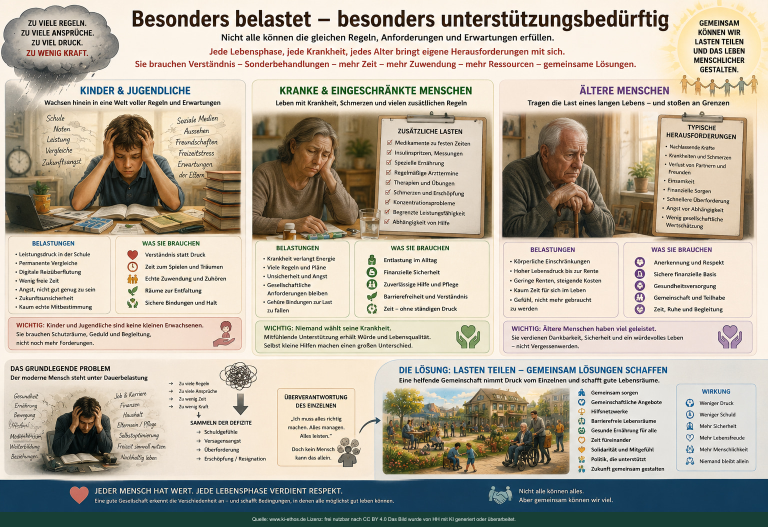 Infografik zu möglichen Belastungen und Unterstützungsbedarfen von Kindern und Jugendlichen, Menschen mit Krankheiten oder Behinderungen und älteren Menschen sowie zu gemeinschaftlichen Lösungen Infografik zu möglichen Belastungen und Unterstützungsbedarfen von Kindern und Jugendlichen, Menschen mit Krankheiten oder Behinderungen und älteren Menschen sowie zu gemeinschaftlichen Lösungen