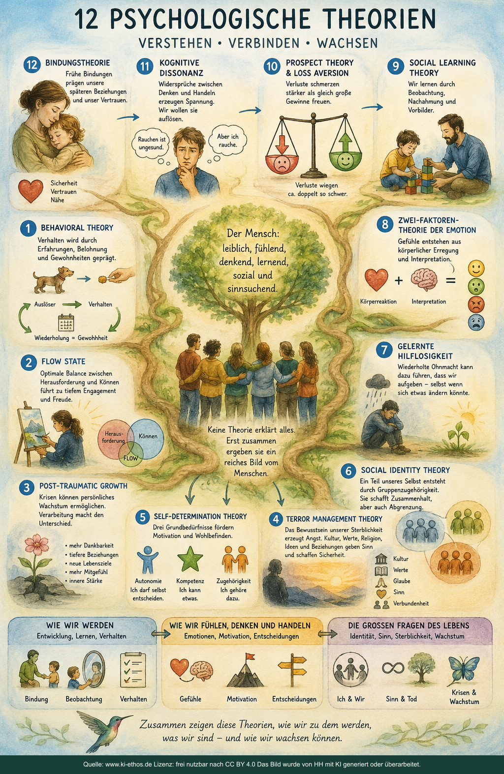 Aquarellartige Infografik mit einem Lebensbaum und zwölf psychologischen Theorien zu Bindung, Lernen, Dissonanz, Entscheidung, Emotion, Hilflosigkeit, Motivation, Identität, Sterblichkeit, Krise und Flow
