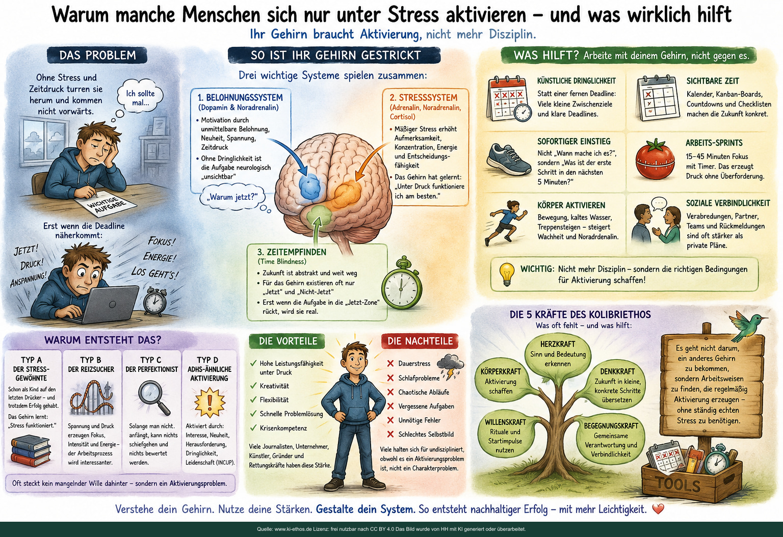 Breite Infografik über Aktivierung durch Dringlichkeit, mögliche Vorteile und Risiken von Stress sowie begrenzte praktische Hilfen Breite Infografik über Aktivierung durch Dringlichkeit, mögliche Vorteile und Risiken von Stress sowie begrenzte praktische Hilfen