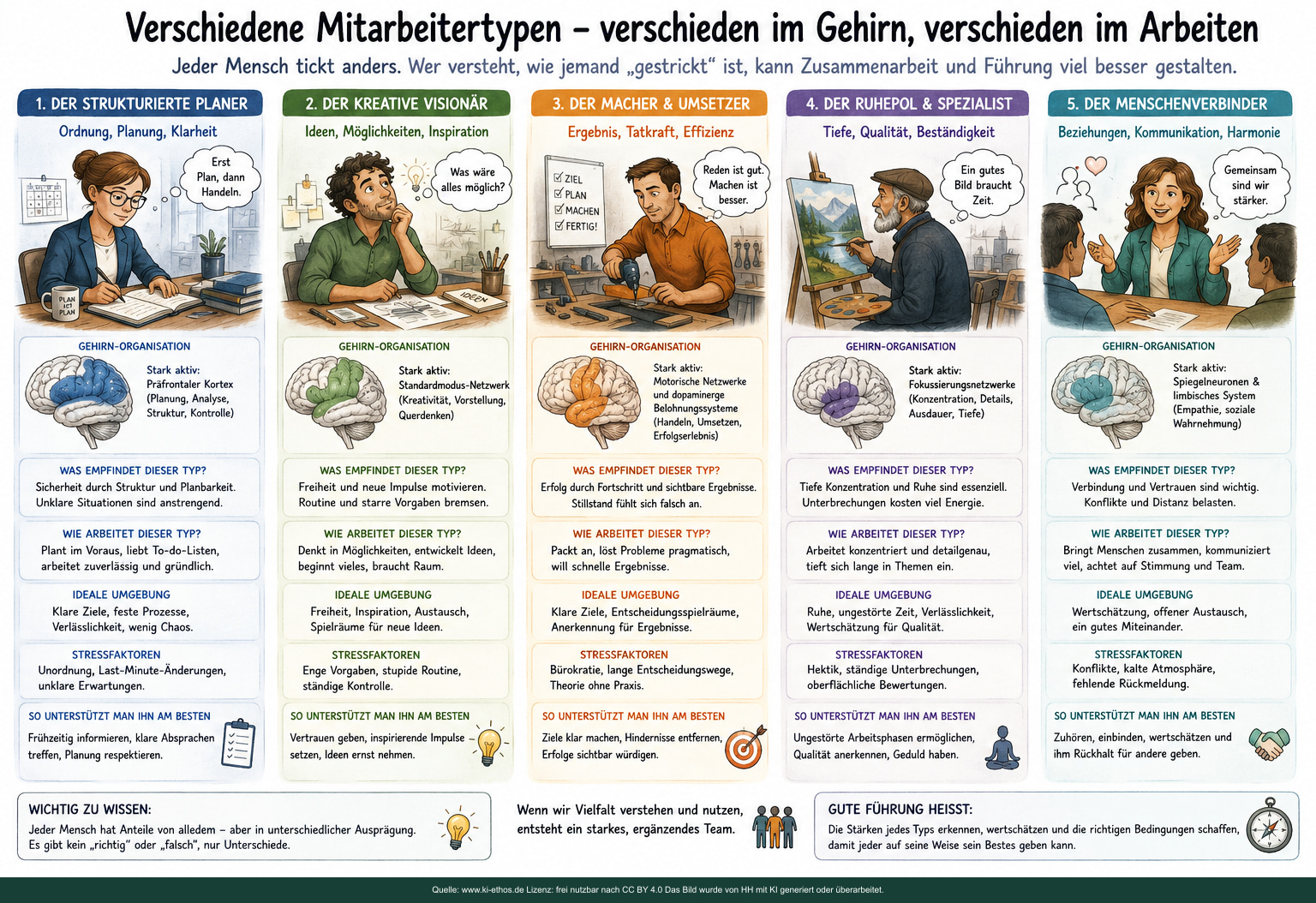 Breite Infografik mit fünf beispielhaften Arbeitsweisen von strukturierter Planung über kreative, praktische und konzentrierte Arbeit bis zur sozialen Verbindung Breite Infografik mit fünf beispielhaften Arbeitsweisen von strukturierter Planung über kreative, praktische und konzentrierte Arbeit bis zur sozialen Verbindung