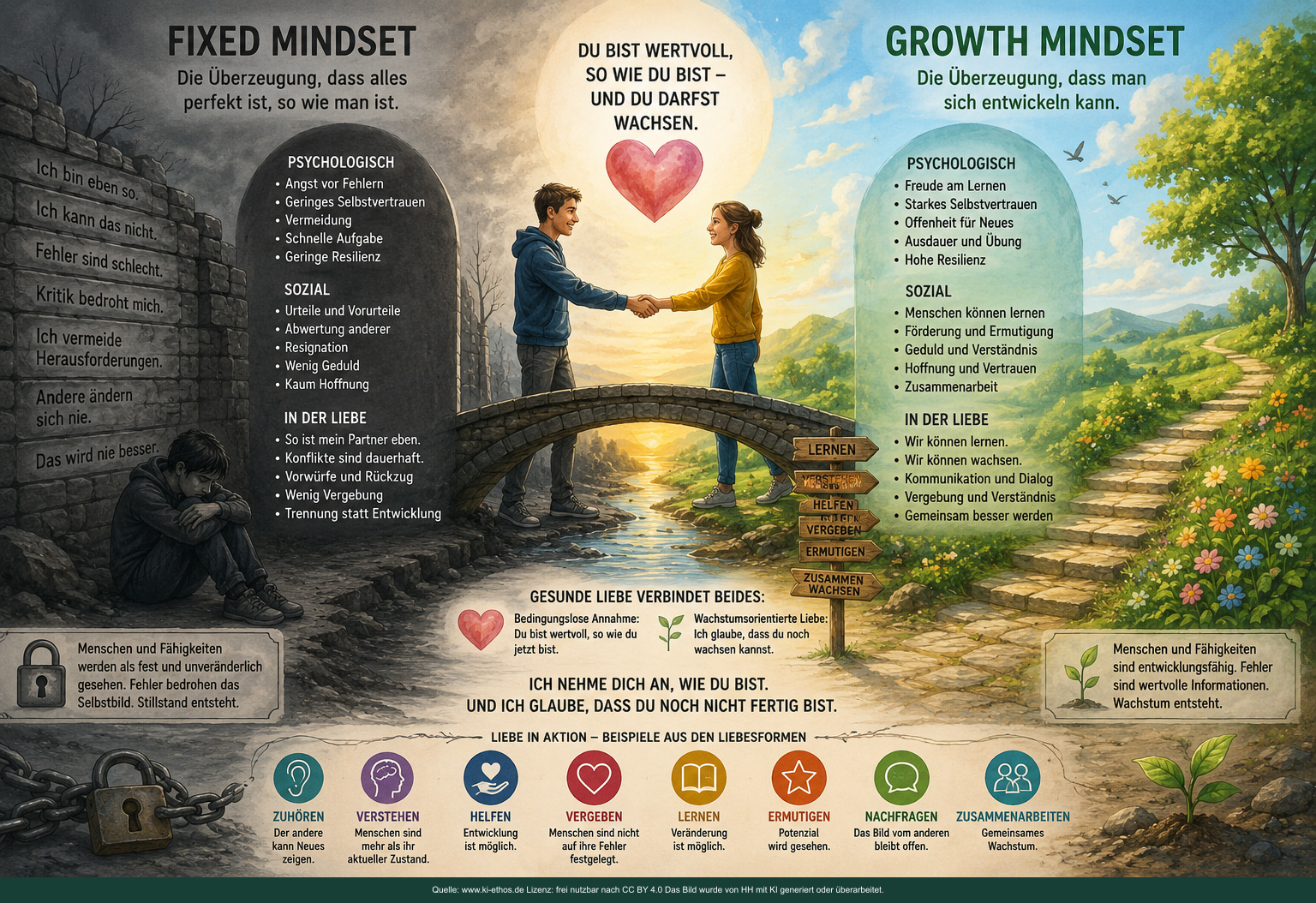 Infografik mit einer dunklen Fixed-Mindset- und hellen Growth-Mindset-Seite sowie einer verbindenden Brücke aus Annahme und Wachstum Infografik mit einer dunklen Fixed-Mindset- und hellen Growth-Mindset-Seite sowie einer verbindenden Brücke aus Annahme und Wachstum