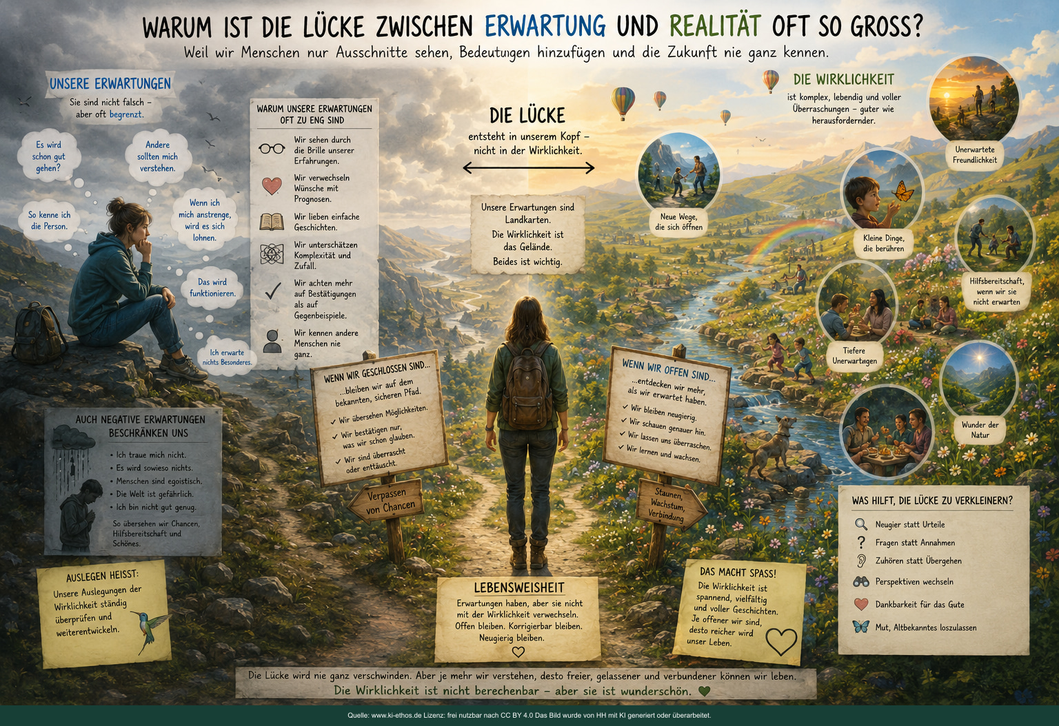 Breite Landschaftsinfografik über begrenzte Erwartungen und eine Wirklichkeit, die Schwierigkeiten ebenso wie Hilfe, Schönheit und neue Wege enthalten kann Breite Landschaftsinfografik über begrenzte Erwartungen und eine Wirklichkeit, die Schwierigkeiten ebenso wie Hilfe, Schönheit und neue Wege enthalten kann