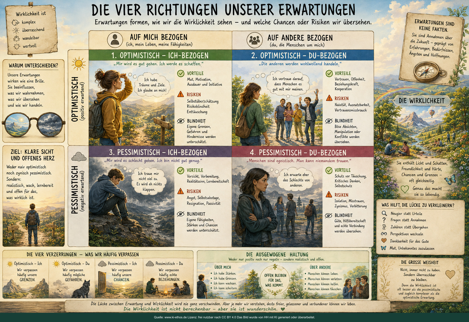 Infografik als Zwei-mal-zwei-Matrix mit optimistischen und pessimistischen Erwartungen an sich selbst und an andere sowie Ressourcen, Risiken und blinden Flecken Infografik als Zwei-mal-zwei-Matrix mit optimistischen und pessimistischen Erwartungen an sich selbst und an andere sowie Ressourcen, Risiken und blinden Flecken
