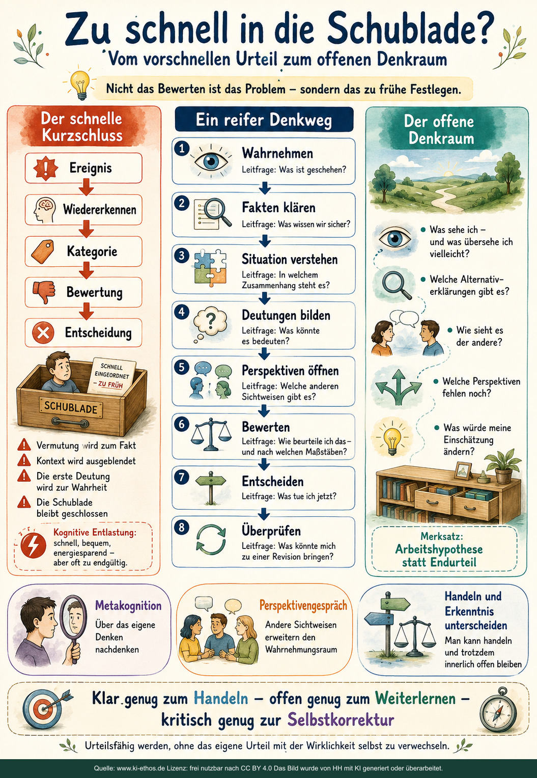 Aquarellartige Infografik über den Weg vom schnellen Urteil zu einem offenen Denkraum mit Beobachtung, Hypothesen und Prüfung Aquarellartige Infografik über den Weg vom schnellen Urteil zu einem offenen Denkraum mit Beobachtung, Hypothesen und Prüfung