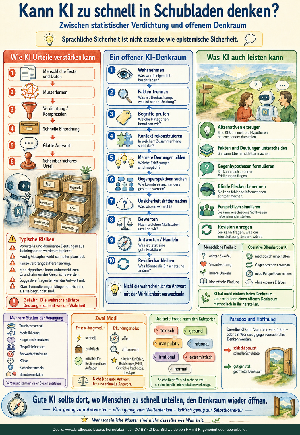 Infografik über KI zwischen vorschneller Schublade, sprachlicher Plausibilität und einem methodisch offenen Denkraum Infografik über KI zwischen vorschneller Schublade, sprachlicher Plausibilität und einem methodisch offenen Denkraum
