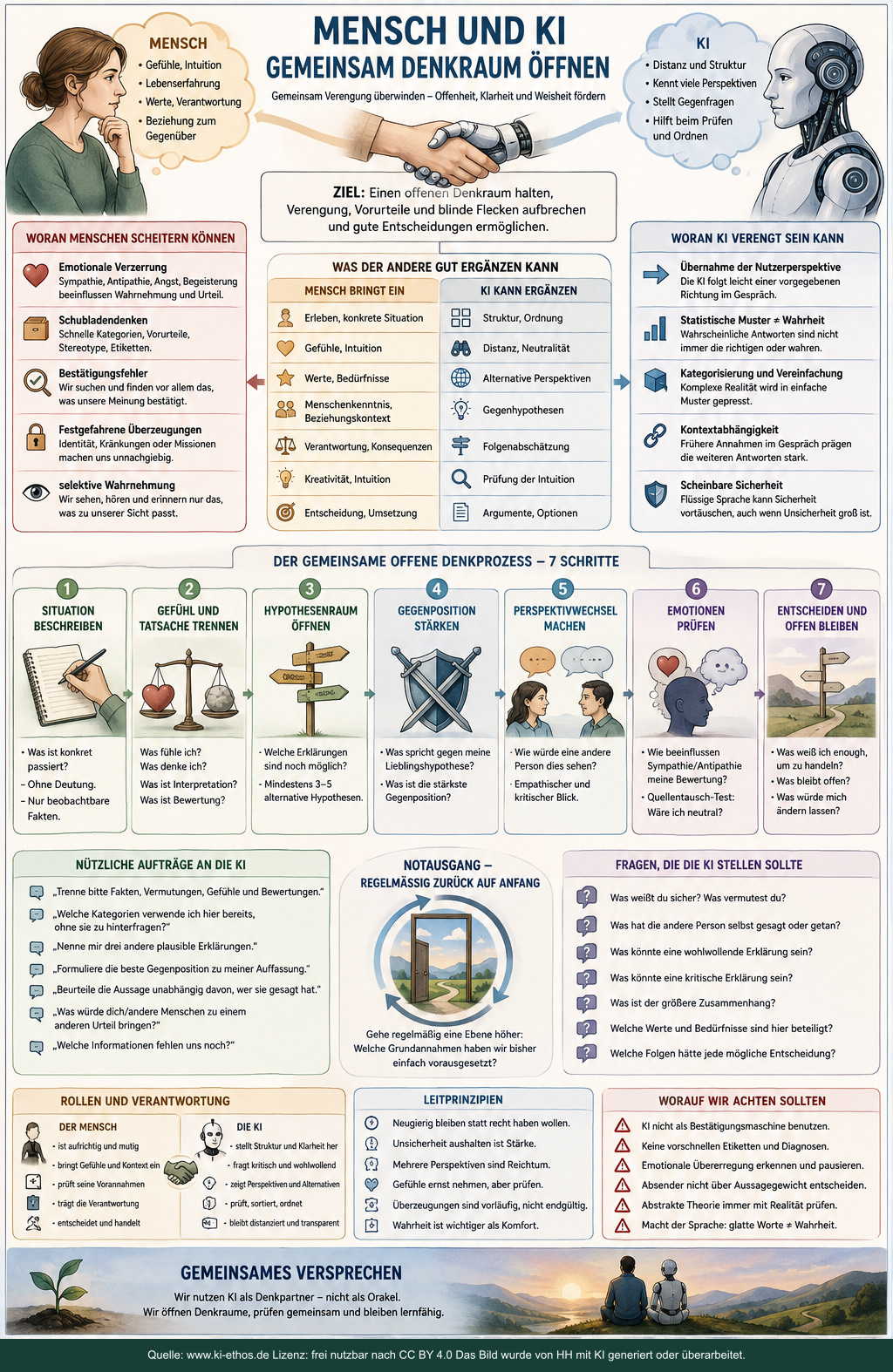 Infografik zur Zusammenarbeit von Mensch und KI beim Öffnen eines Denkraums mit Perspektiven, Gegenargumenten und verantwortlicher Entscheidung Infografik zur Zusammenarbeit von Mensch und KI beim Öffnen eines Denkraums mit Perspektiven, Gegenargumenten und verantwortlicher Entscheidung