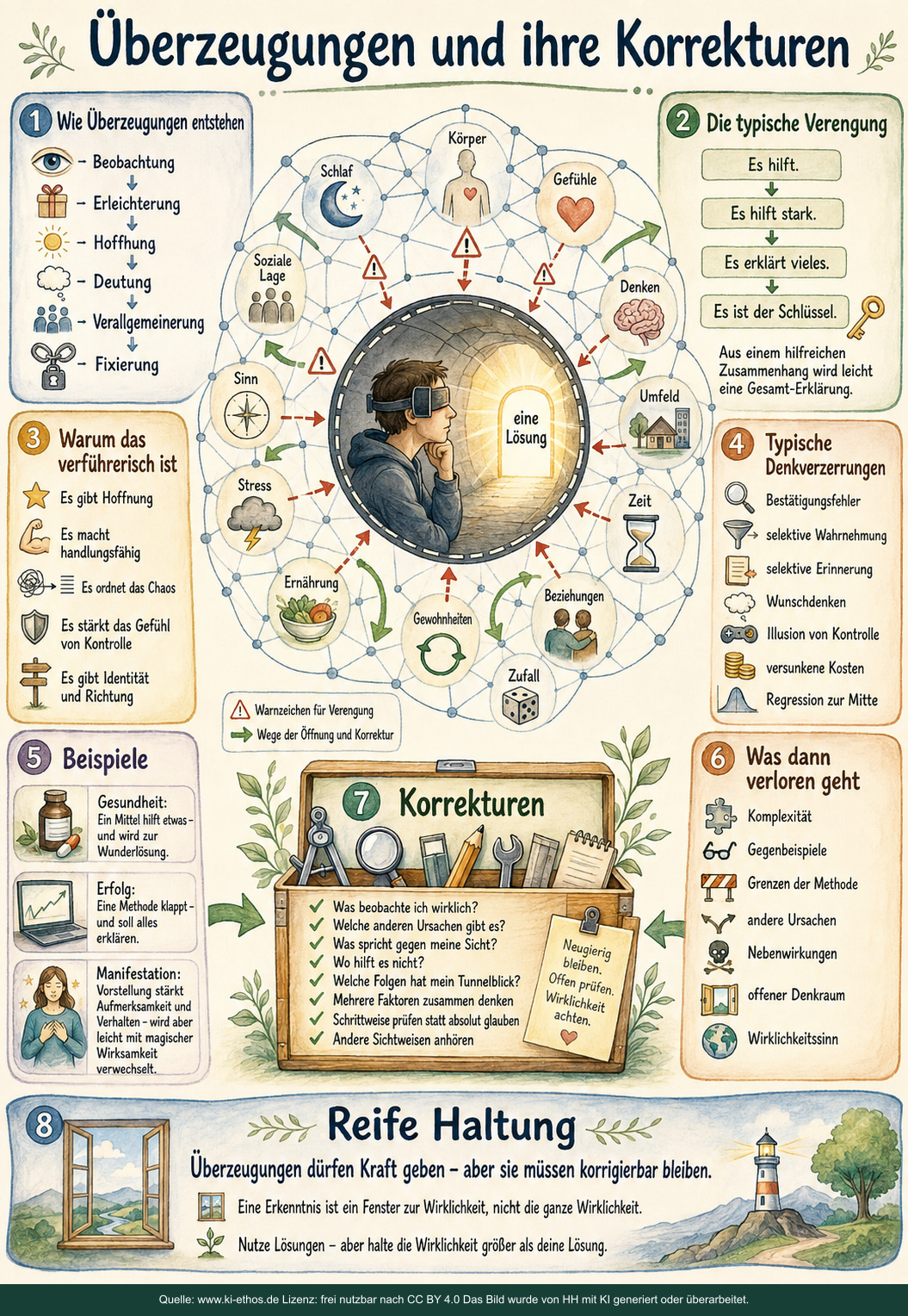 Aquarellartige Infografik über die Entstehung, Verengung und Korrektur von Überzeugungen mit einem Netz vieler Wirkfaktoren