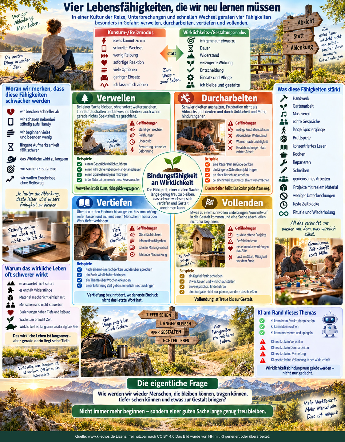 Infografik über Verweilen, Durcharbeiten, Vertiefen und Vollenden als vier Lebensfähigkeiten in einer reizreichen Umgebung Infografik über Verweilen, Durcharbeiten, Vertiefen und Vollenden als vier Lebensfähigkeiten in einer reizreichen Umgebung