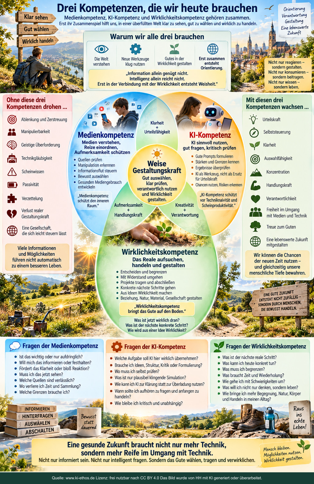 Infografik mit Medienkompetenz, KI-Kompetenz und Wirklichkeitskompetenz als drei verbundenen Feldern verantwortlicher Gestaltung Infografik mit Medienkompetenz, KI-Kompetenz und Wirklichkeitskompetenz als drei verbundenen Feldern verantwortlicher Gestaltung