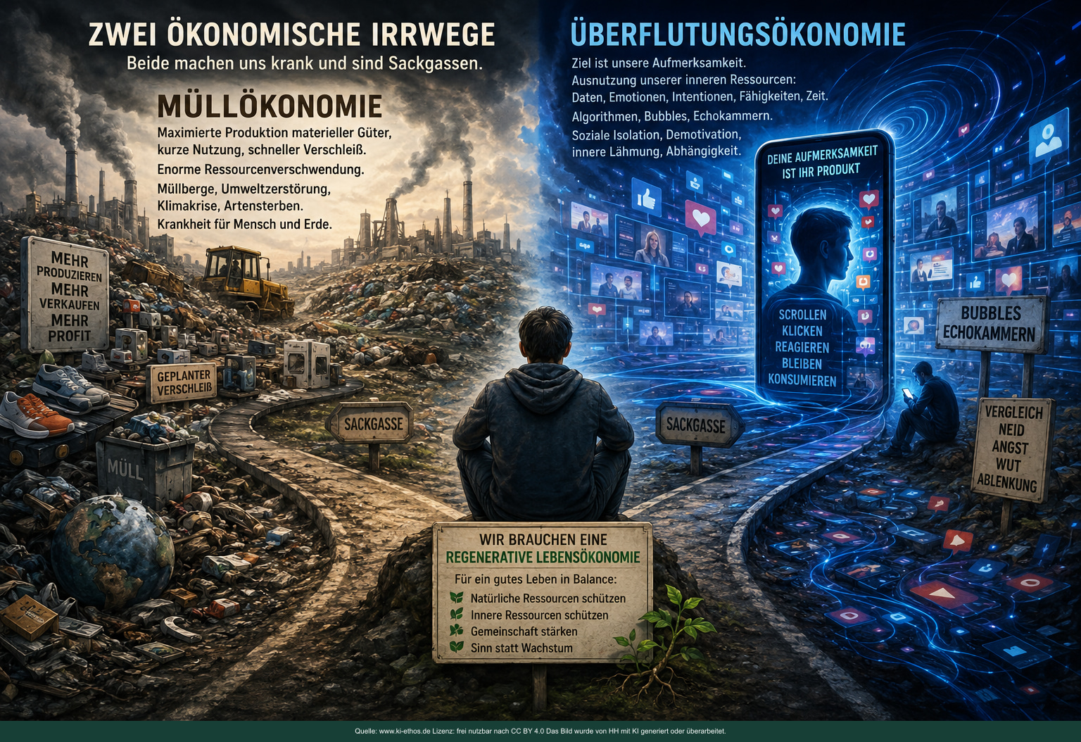 Dunkle geteilte Infografik mit einer materiellen Müllökonomie, einer digitalen Überflutungsökonomie und einem regenerativen Gegenweg Dunkle geteilte Infografik mit einer materiellen Müllökonomie, einer digitalen Überflutungsökonomie und einem regenerativen Gegenweg