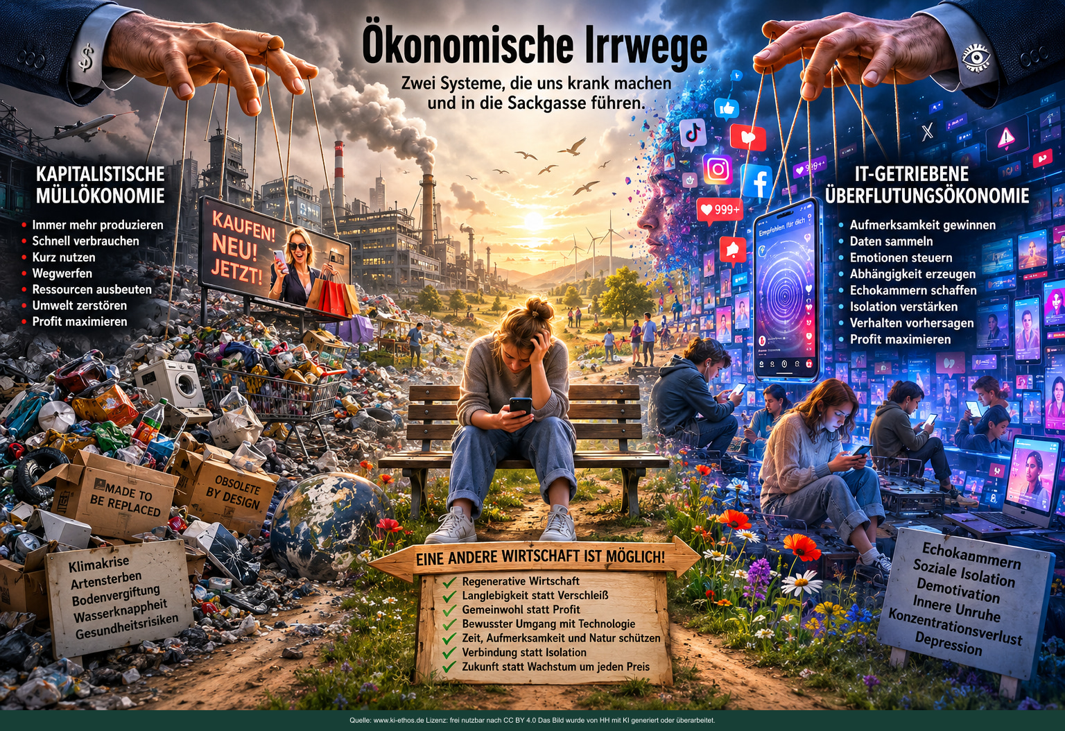 Zugespitzte Infografik mit Müllbergen, Plattformreizen, lenkenden Händen und einem Wegweiser zu einer anderen Wirtschaft Zugespitzte Infografik mit Müllbergen, Plattformreizen, lenkenden Händen und einem Wegweiser zu einer anderen Wirtschaft