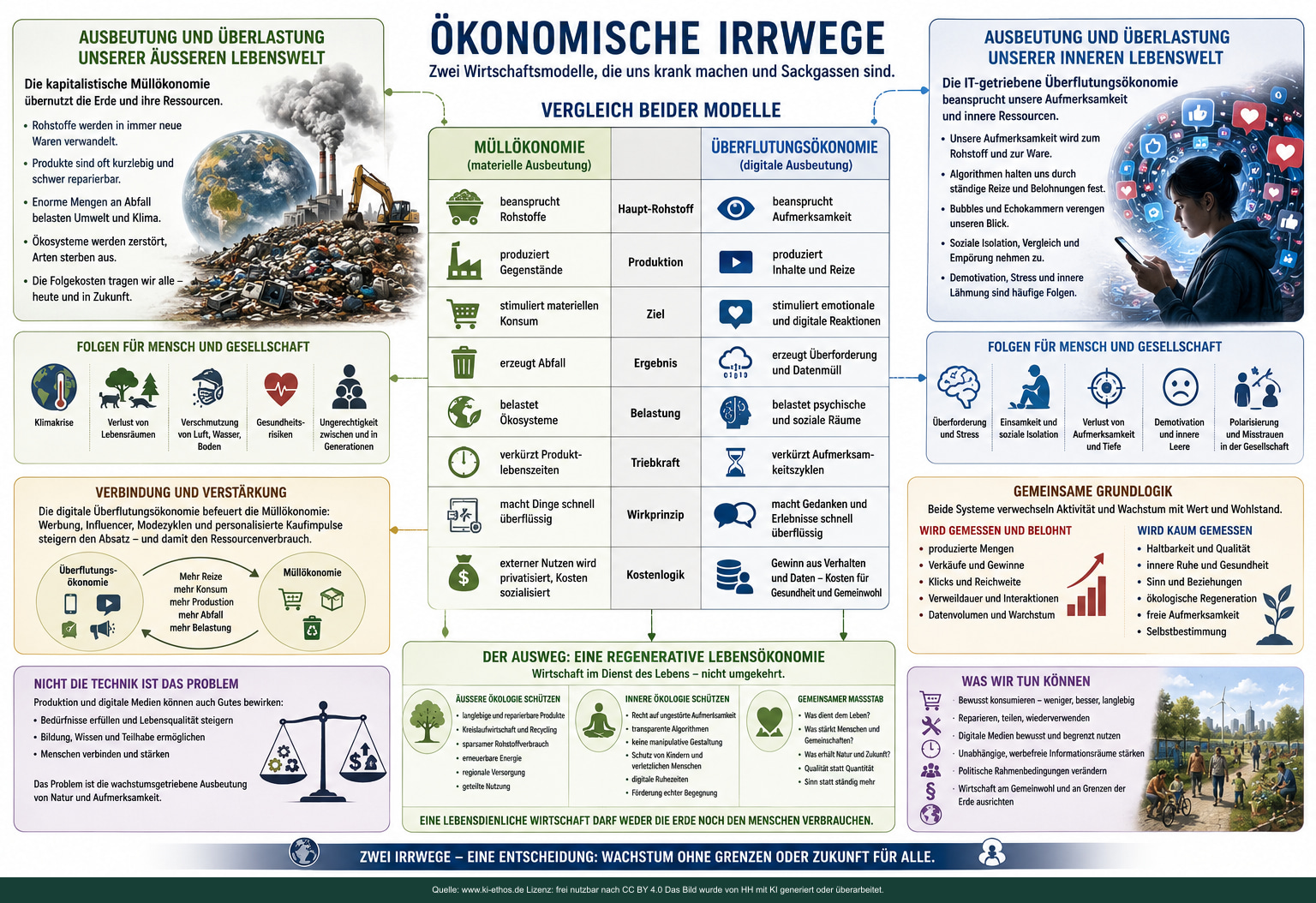 Sachliche Vergleichsinfografik zu äußerer Ressourcenbelastung und innerer Aufmerksamkeitsbelastung mit einer regenerativen Lebensökonomie als Gegenentwurf Sachliche Vergleichsinfografik zu äußerer Ressourcenbelastung und innerer Aufmerksamkeitsbelastung mit einer regenerativen Lebensökonomie als Gegenentwurf