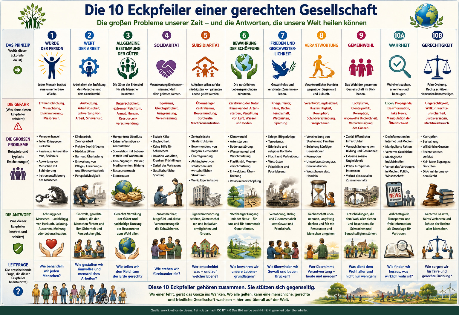 Breite Tabelle mit gesellschaftlichen Eckpfeilern, Gefahren, Problemen, Antworten und Leitfragen Breite Tabelle mit gesellschaftlichen Eckpfeilern, Gefahren, Problemen, Antworten und Leitfragen