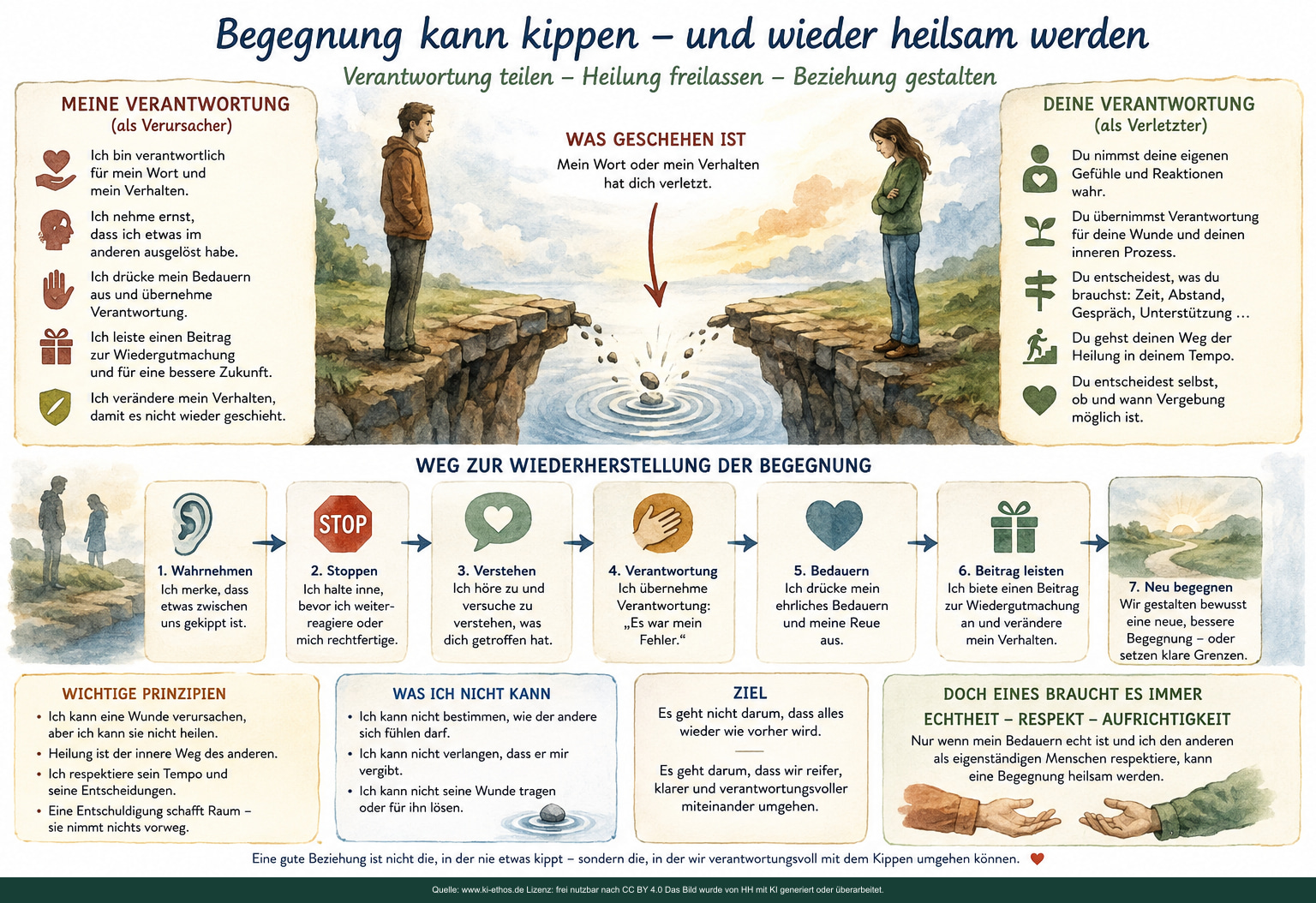 Aquarell-Infografik mit getrennten Verantwortungsbereichen nach einer Verletzung, einem siebenstufigen Weg zur Wiederherstellung und dem Vorrang von Echtheit, Respekt und Aufrichtigkeit Aquarell-Infografik mit getrennten Verantwortungsbereichen nach einer Verletzung, einem siebenstufigen Weg zur Wiederherstellung und dem Vorrang von Echtheit, Respekt und Aufrichtigkeit