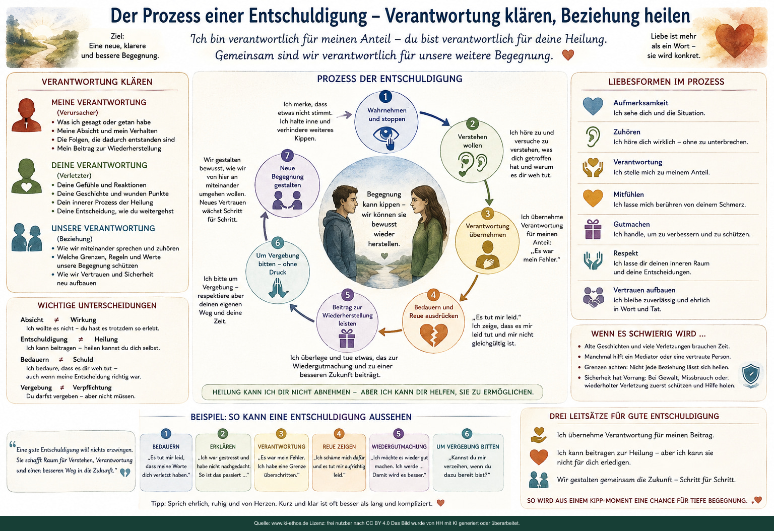 Prozessgrafik einer Entschuldigung mit sieben Schritten, drei Verantwortungsbereichen, Liebesformen, wichtigen Unterscheidungen und Sicherheitshinweisen Prozessgrafik einer Entschuldigung mit sieben Schritten, drei Verantwortungsbereichen, Liebesformen, wichtigen Unterscheidungen und Sicherheitshinweisen