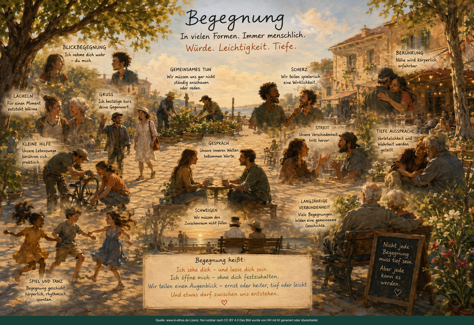 Aquarellartige Übersicht vielfältiger Begegnungsformen von Blick und Gruß über gemeinsames Tun, Gespräch und Streit bis zu Stille, Berührung und längerfristiger Verbindung Aquarellartige Übersicht vielfältiger Begegnungsformen von Blick und Gruß über gemeinsames Tun, Gespräch und Streit bis zu Stille, Berührung und längerfristiger Verbindung