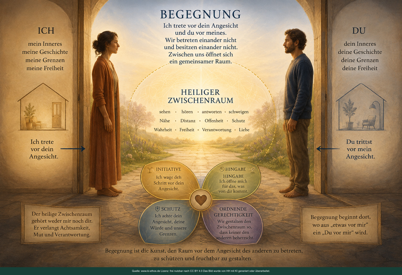 Aquarell-Infografik über Begegnung als Zwischenraum mit den vier Polen Initiative, Hingabe, Schutz und ordnende Gerechtigkeit Aquarell-Infografik über Begegnung als Zwischenraum mit den vier Polen Initiative, Hingabe, Schutz und ordnende Gerechtigkeit