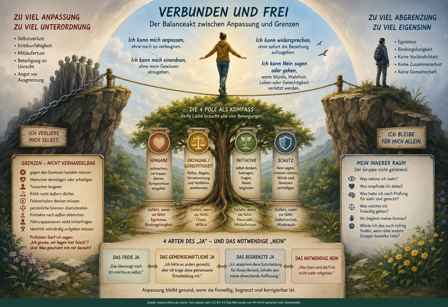 Aquarellartige Balancegrafik zwischen Verbundenheit und Freiheit mit Anpassung, Zugehörigkeit, Eigenständigkeit und möglichen problematischen Randzonen Aquarellartige Balancegrafik zwischen Verbundenheit und Freiheit mit Anpassung, Zugehörigkeit, Eigenständigkeit und möglichen problematischen Randzonen