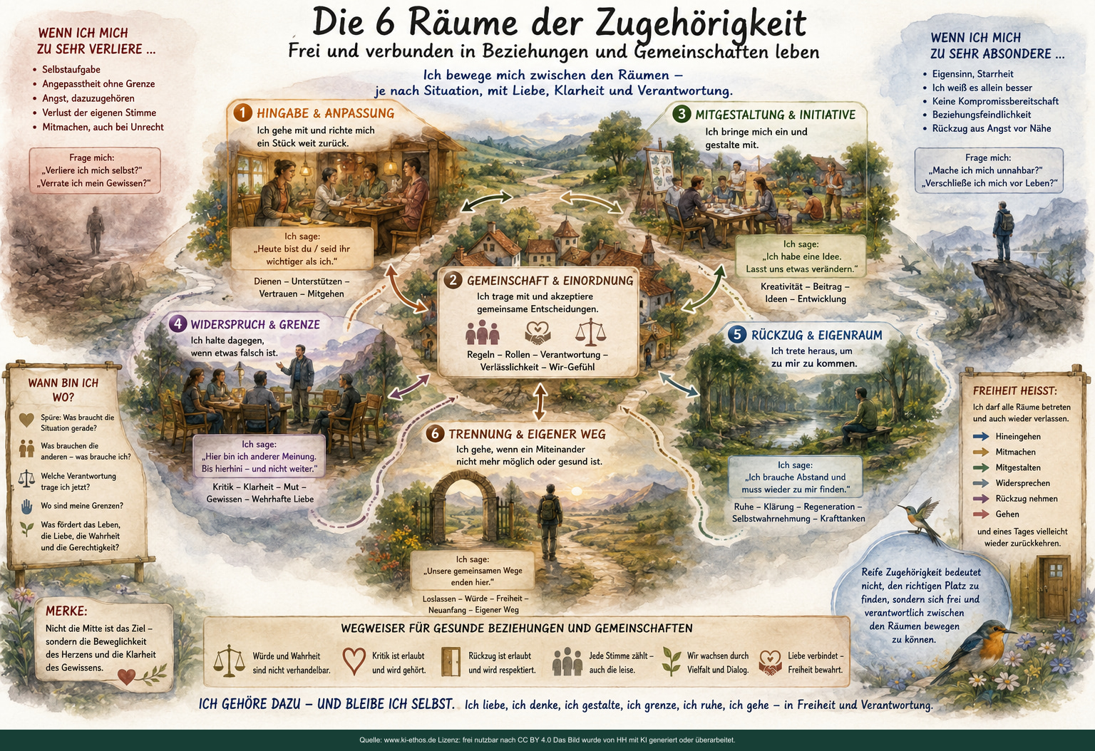 Kreisförmige Infografik zu sechs Räumen der Zugehörigkeit: Hingabe, Gemeinschaft, Beteiligung, Widerspruch, Rückzug und Trennung Kreisförmige Infografik zu sechs Räumen der Zugehörigkeit: Hingabe, Gemeinschaft, Beteiligung, Widerspruch, Rückzug und Trennung