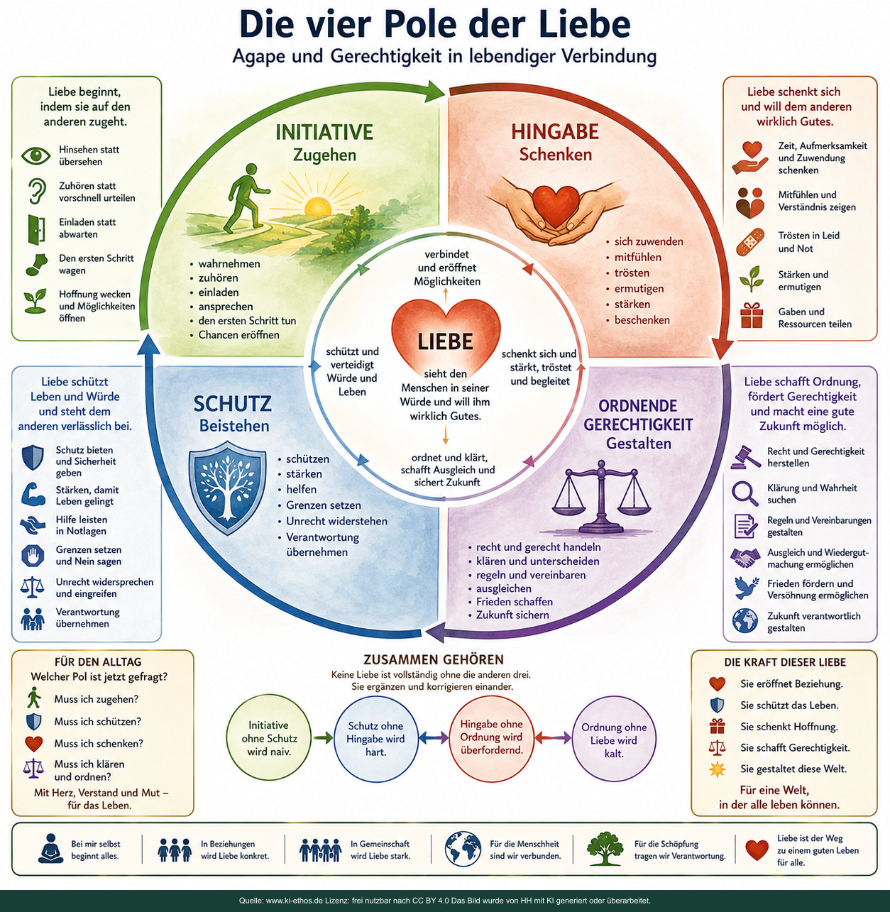 Systemische Darstellung der vier Pole als Kreis mit Alltagstest, Warnungen vor Einseitigkeit und Beispielen für Initiative, Hingabe, Schutz und gerechte Ordnung Systemische Darstellung der vier Pole als Kreis mit Alltagstest, Warnungen vor Einseitigkeit und Beispielen für Initiative, Hingabe, Schutz und gerechte Ordnung